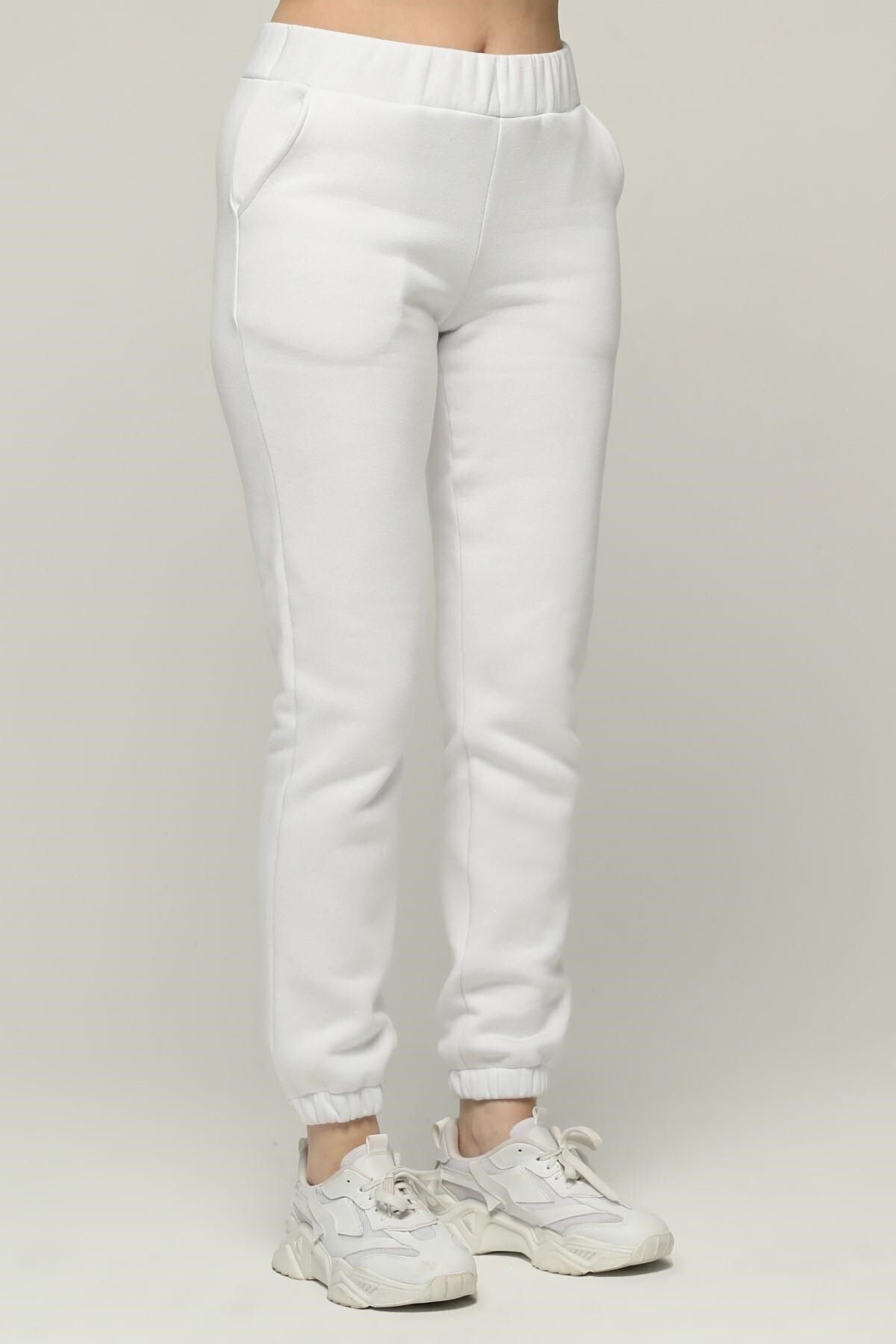 Seamoda-Λευκό 3 Thread Riser Jogger Sweatpants - Plus Size, Ελαστική μέση και πόδια 6