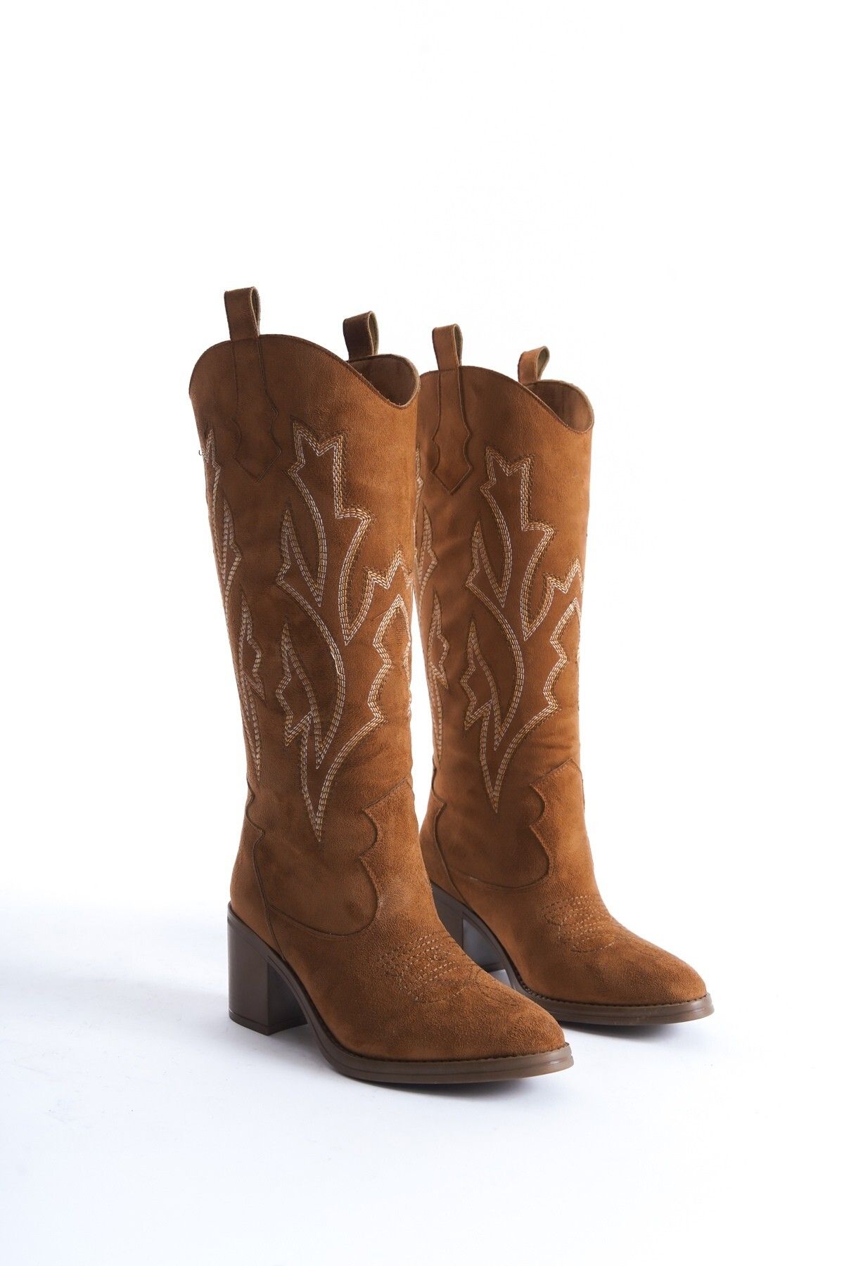 Modabuymus-Cazal Tan Suede Heeled Boots Embroidered Western Boots 2