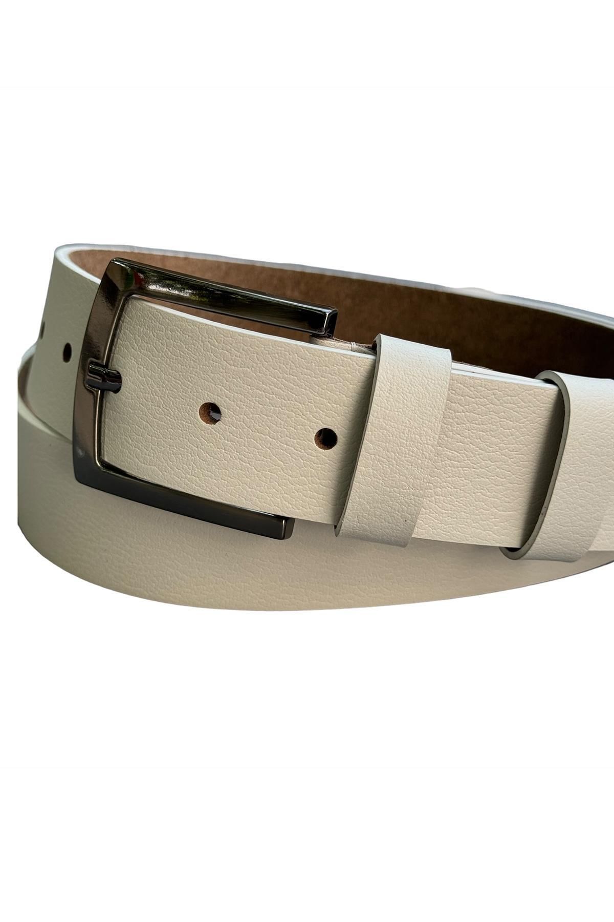 Süzer Deri-4 cm White Genuine Leather Vein Patterned Sports Belt - 416-Plain 8