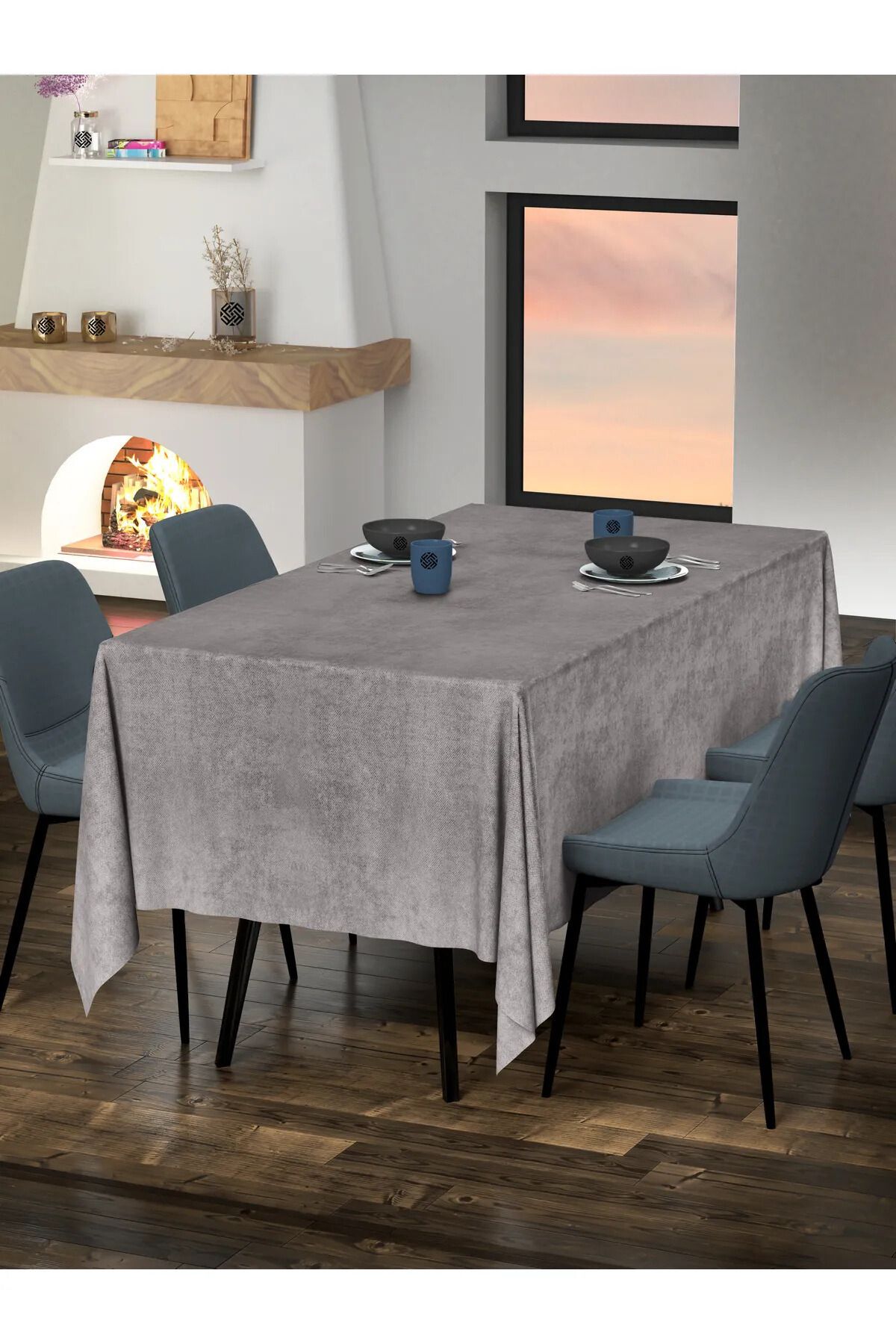 Sima Home-Velvet Textured Gray Tablecloth 1