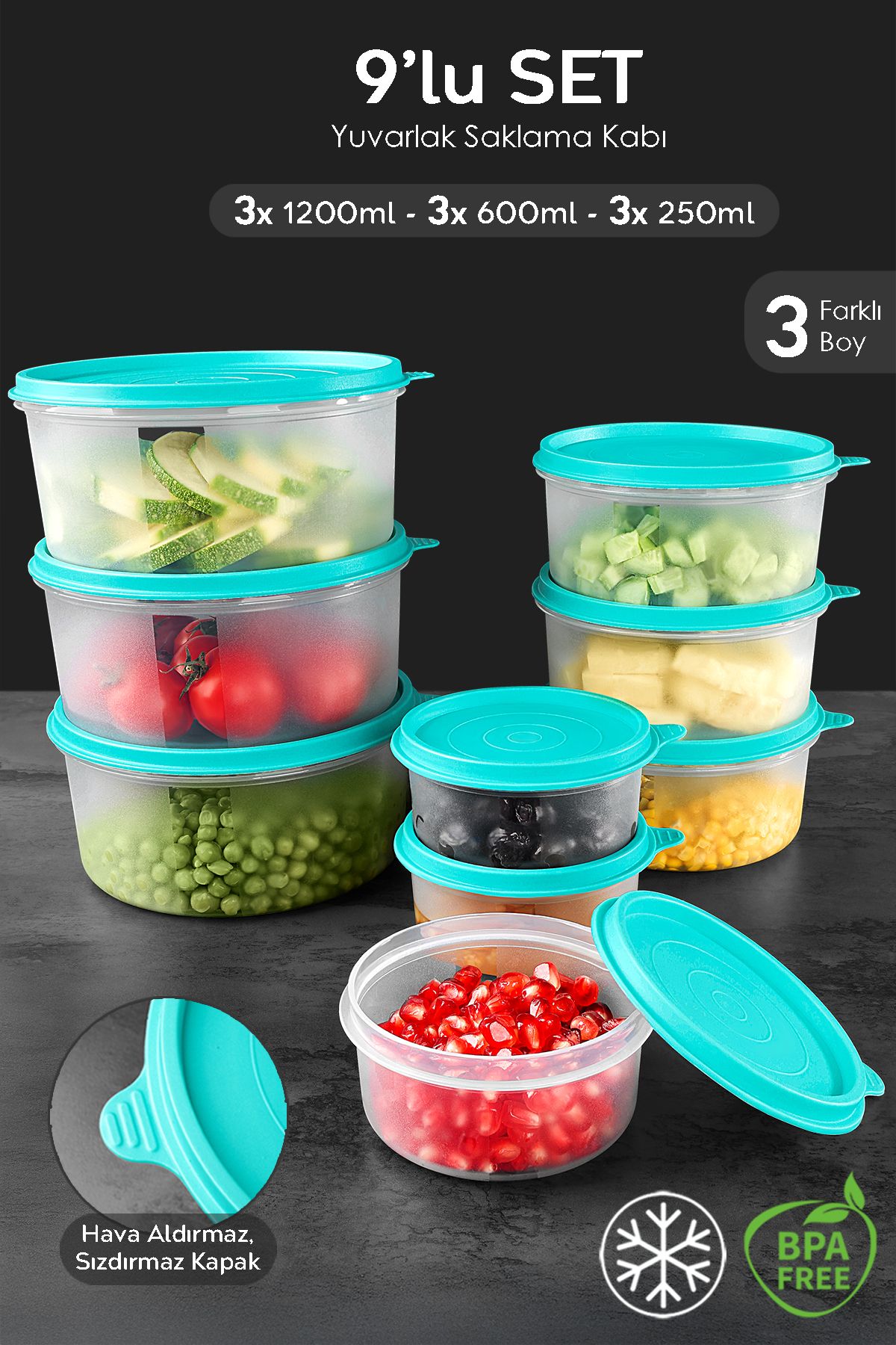 Meleni Home-Set of 9 Green Food Container - 3X250 3X600 3X1200Ml Food Storage Organizer 1