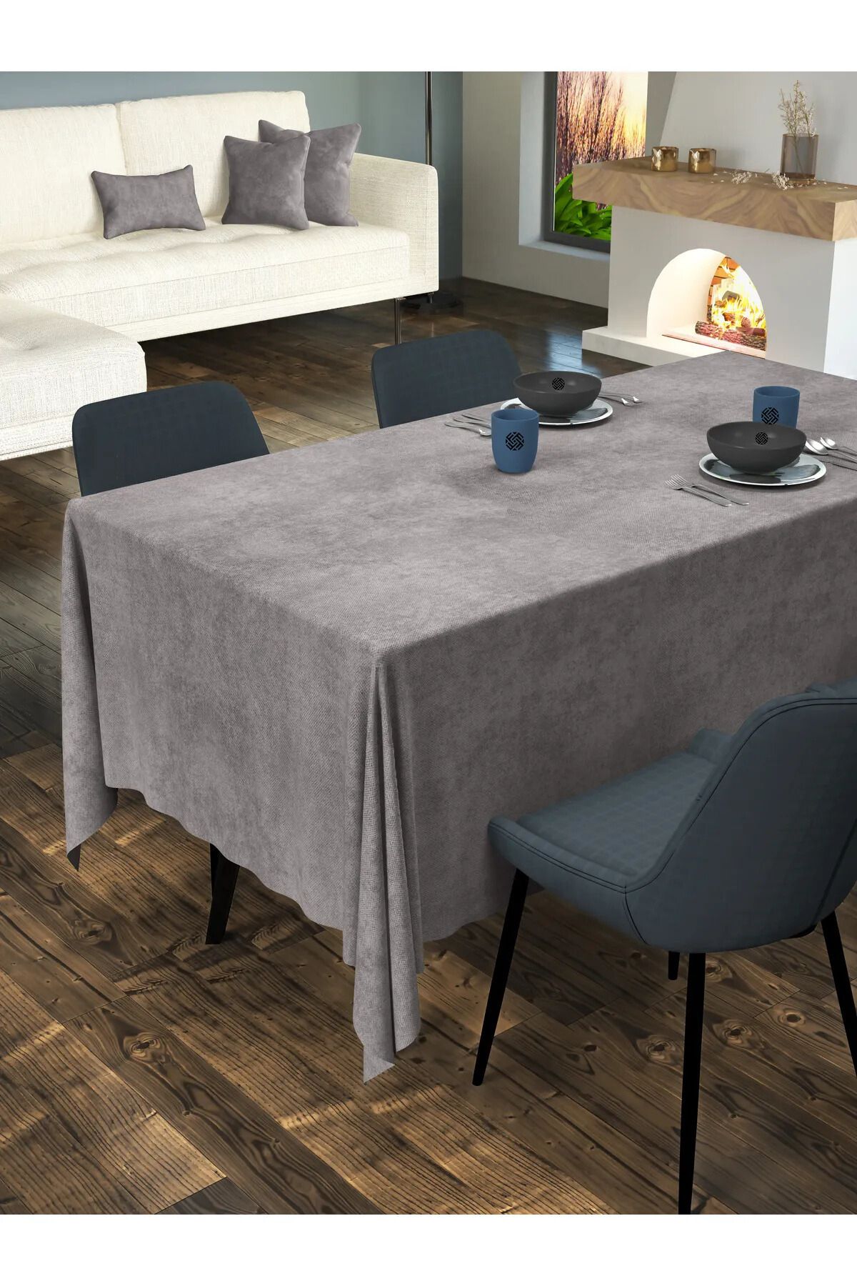 Sima Home-Velvet Textured Gray Tablecloth 2