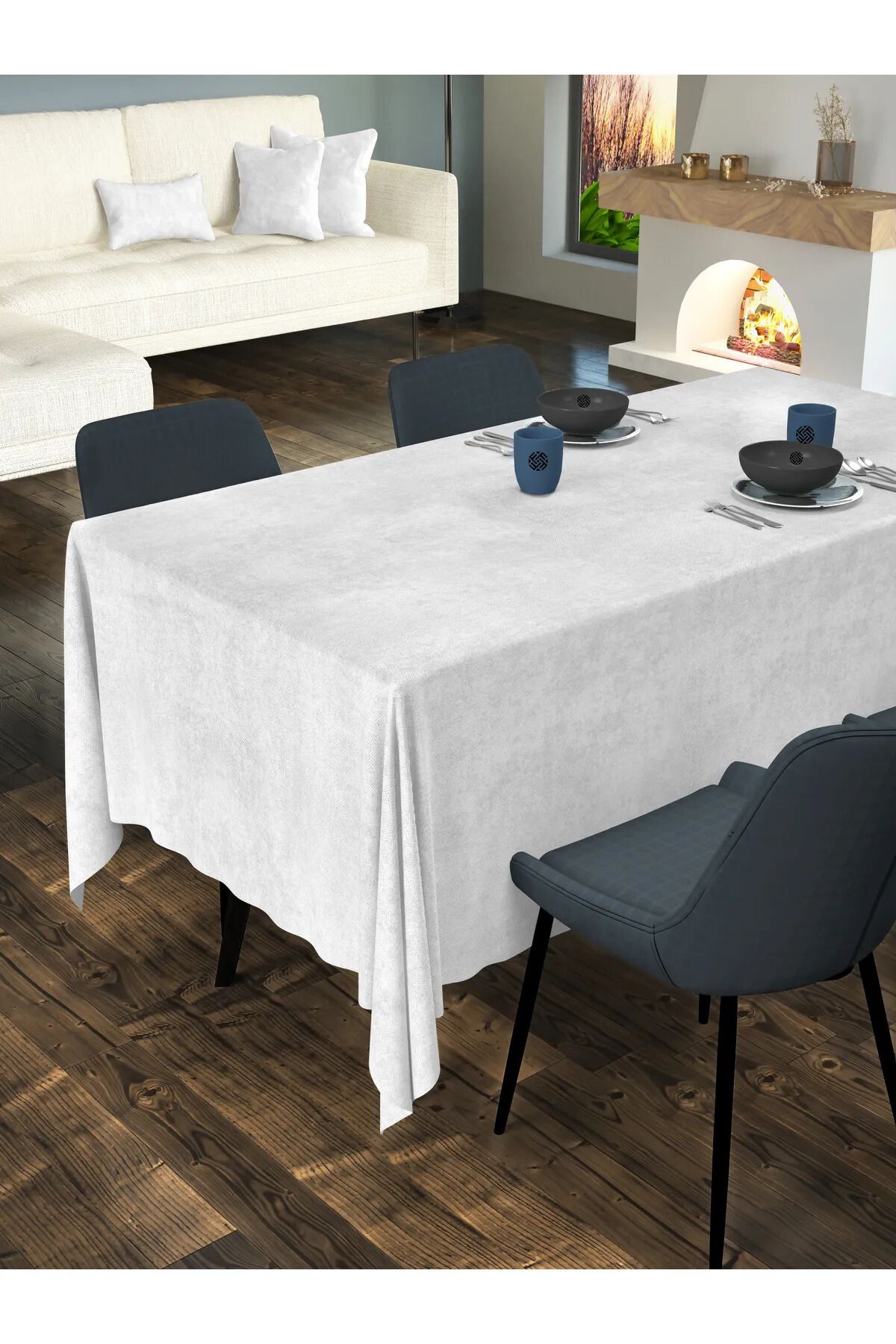 Sima Home-Velvet Textured White Tablecloth 1