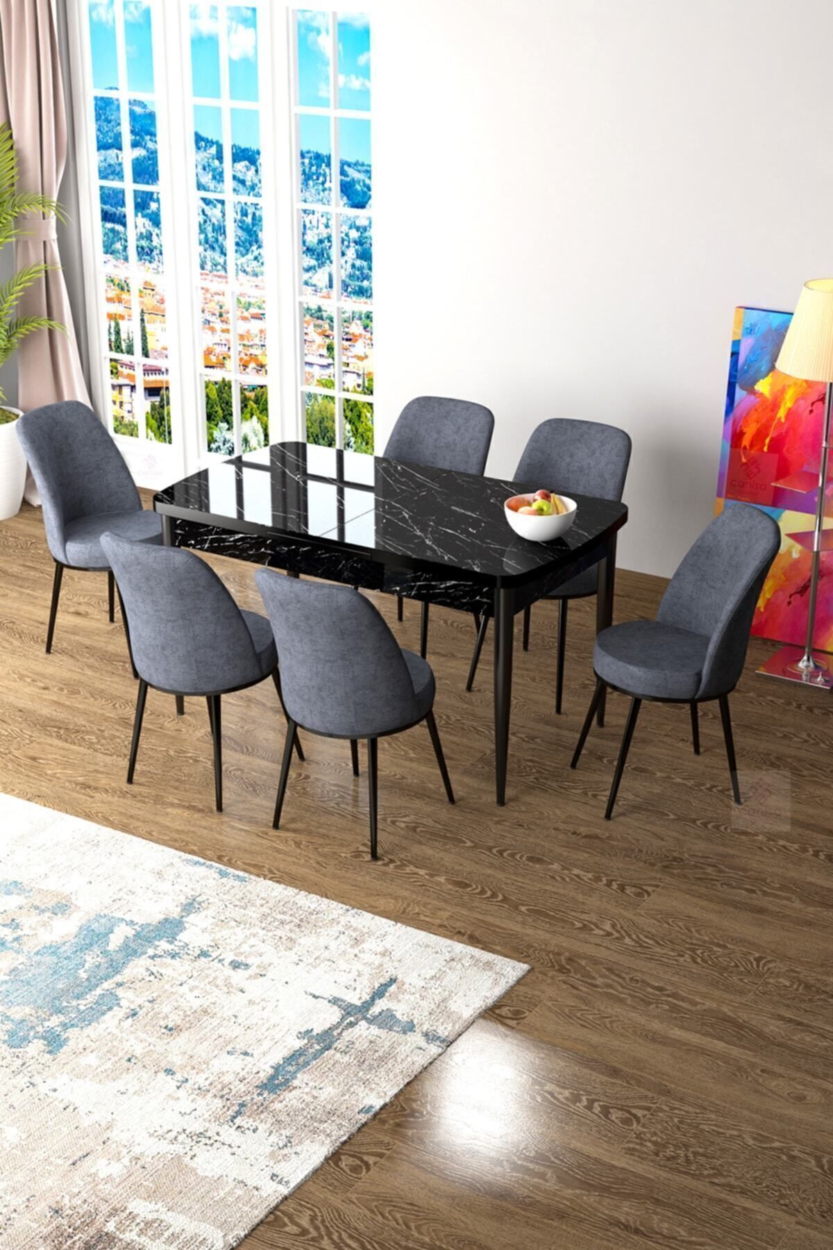 Canisa Concept Zen Serisi 80x132 Mdf Açılabilir Siyah Mermer Desen Masa Takımı Ve 6 Füme Sandalye