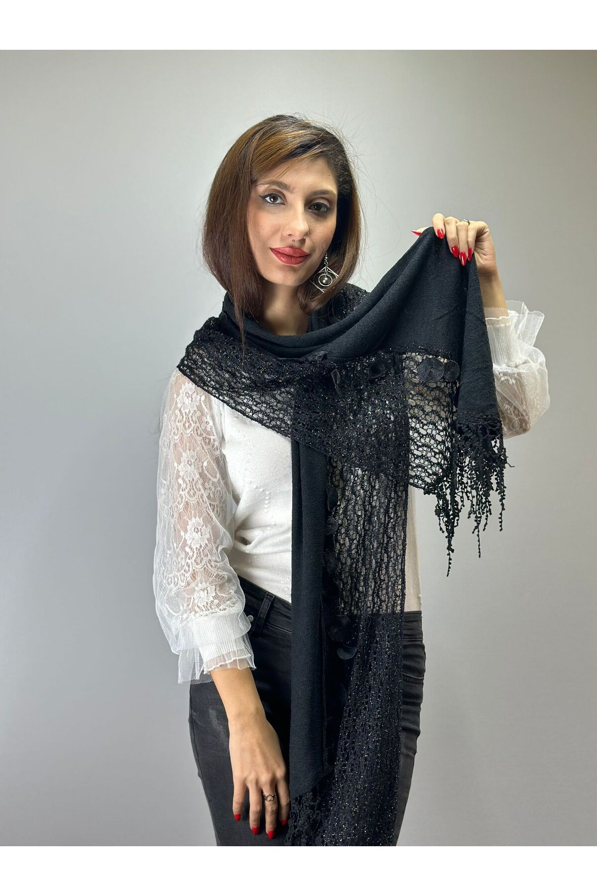 Gönülden Tasarım-Black Knitwear Glossy Tasseled Women's Scarf Shal 170X45 cm 1