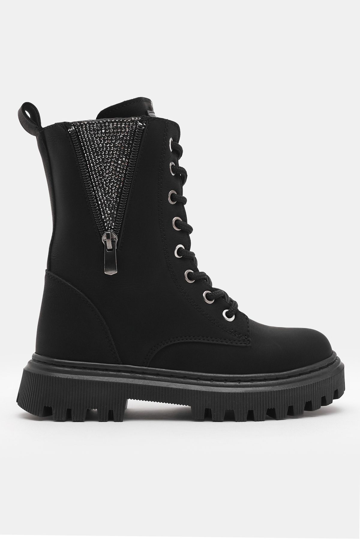 Tonny Black-Girl's Black Matte Thermo Sole Side Zipper Stone Detailed Lace up and Zippered Boots 2