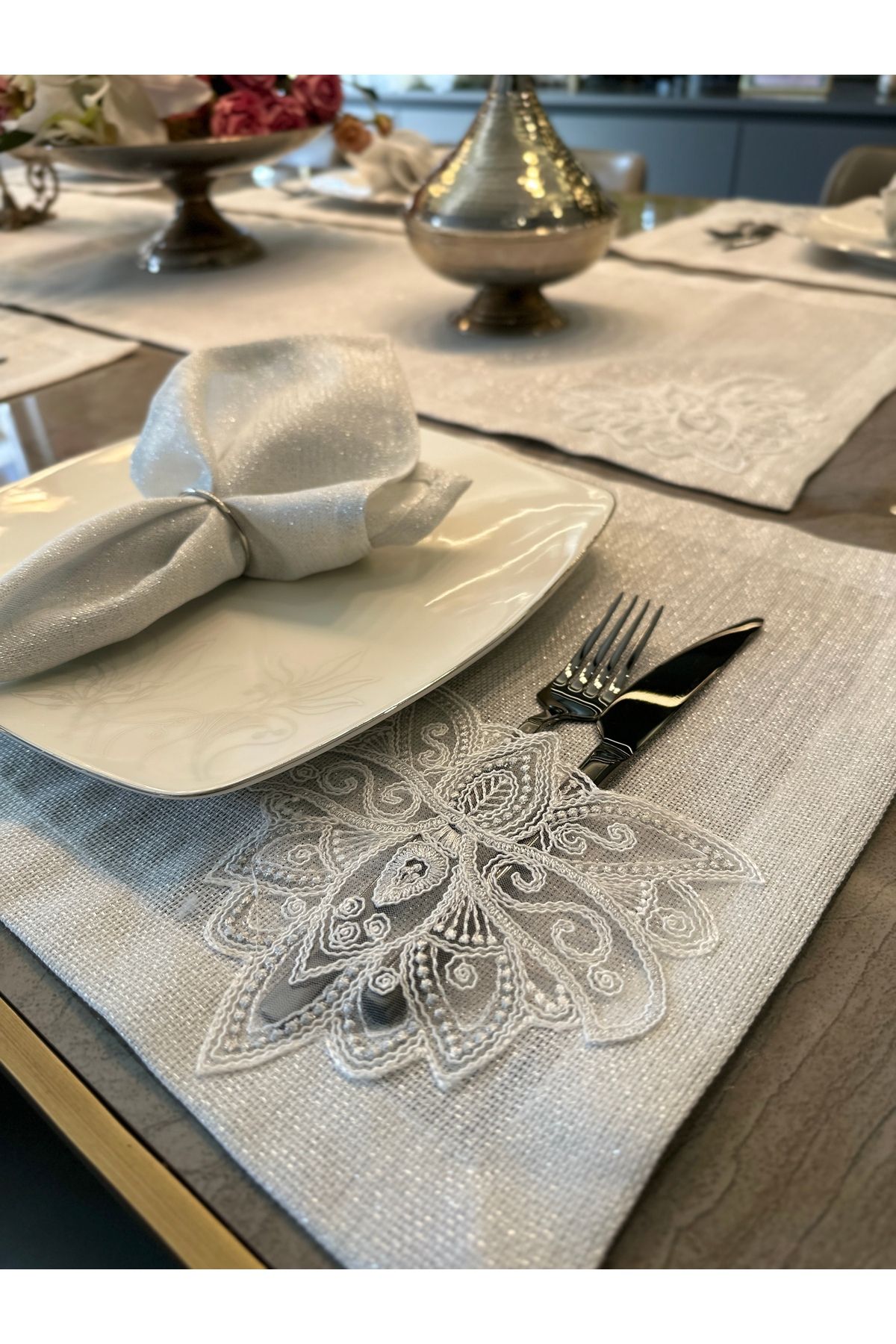 Decamor home-White Linen Textured - Silver Lurex French Lace Serving and Napkin Set for 6 3