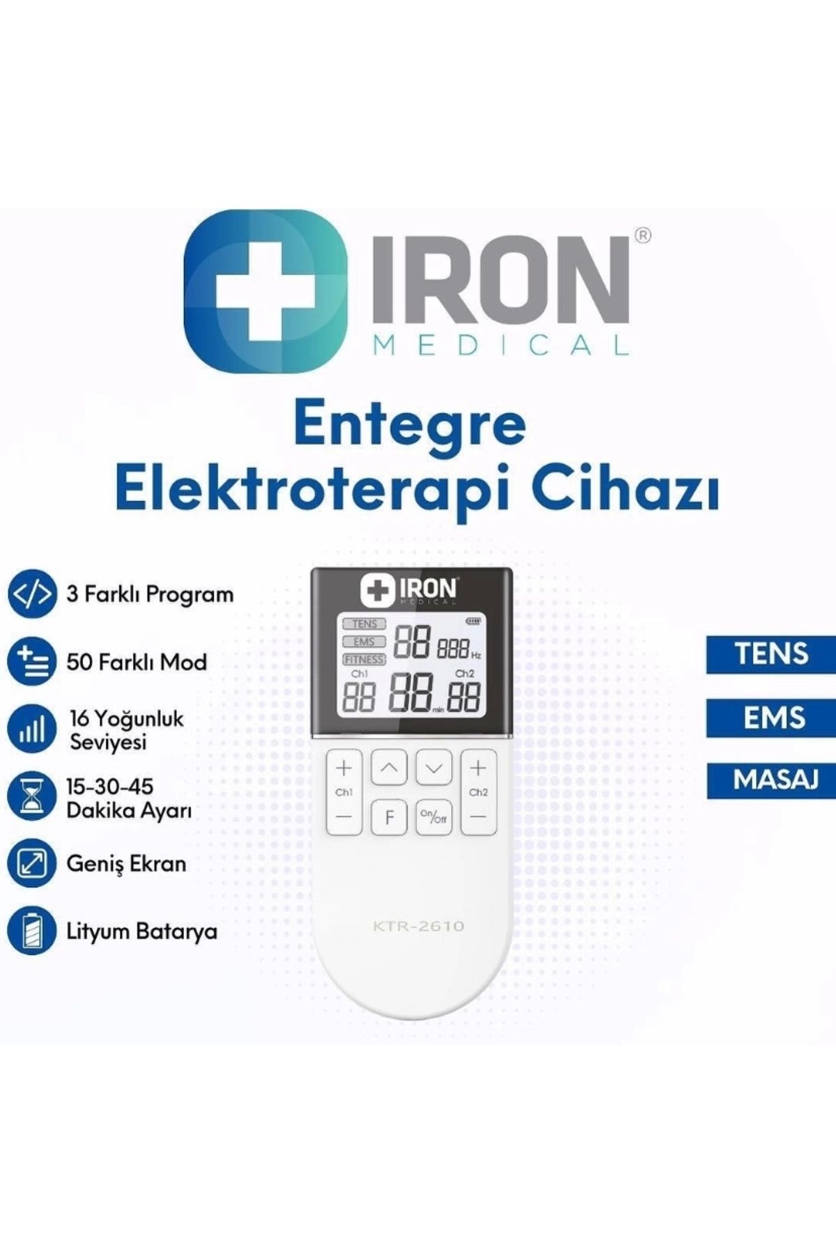 IRON Şarjlı Tens Ems Masaj Cihazı 2 Kanallı Elektroterapi Ktr 2610 Bataryalı