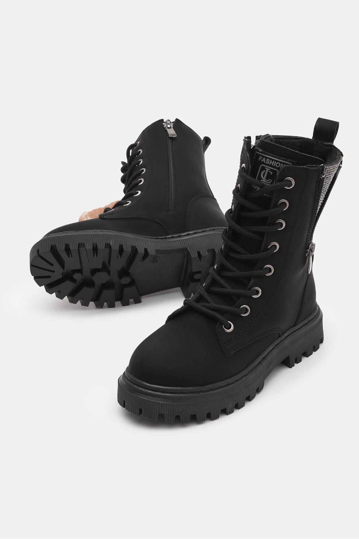 Tonny Black-Girl's Black Matte Thermo Sole Side Zipper Stone Detailed Lace up and Zippered Boots 5