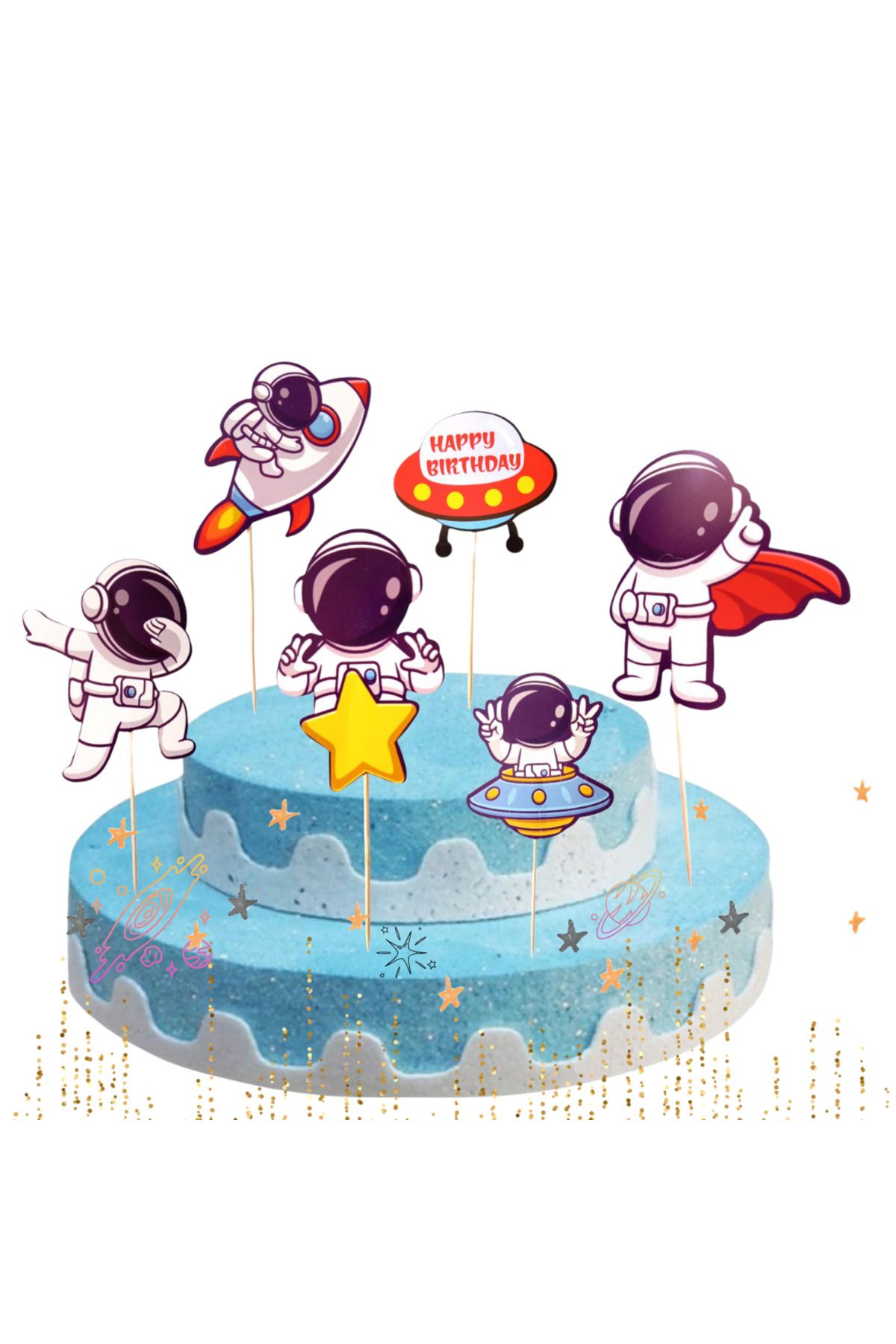 booddie-Space Themed Birthday Cupcake - Astronaut and Shuttle Pattern, 6-Piece Cake Toothpick Ornament 1