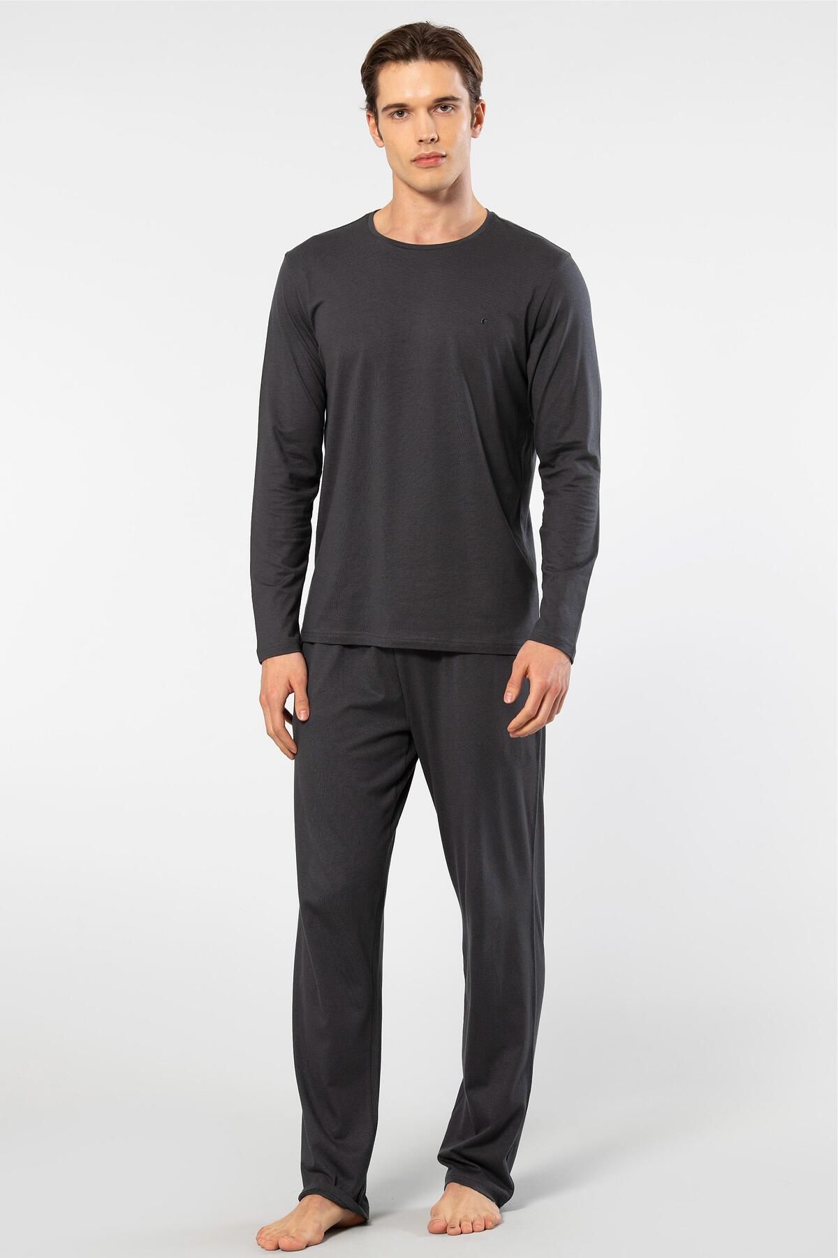 Cacharel-Men's Round Neck Pajamas Set - 50% Modal and 50% Cotton, with Pockets 1