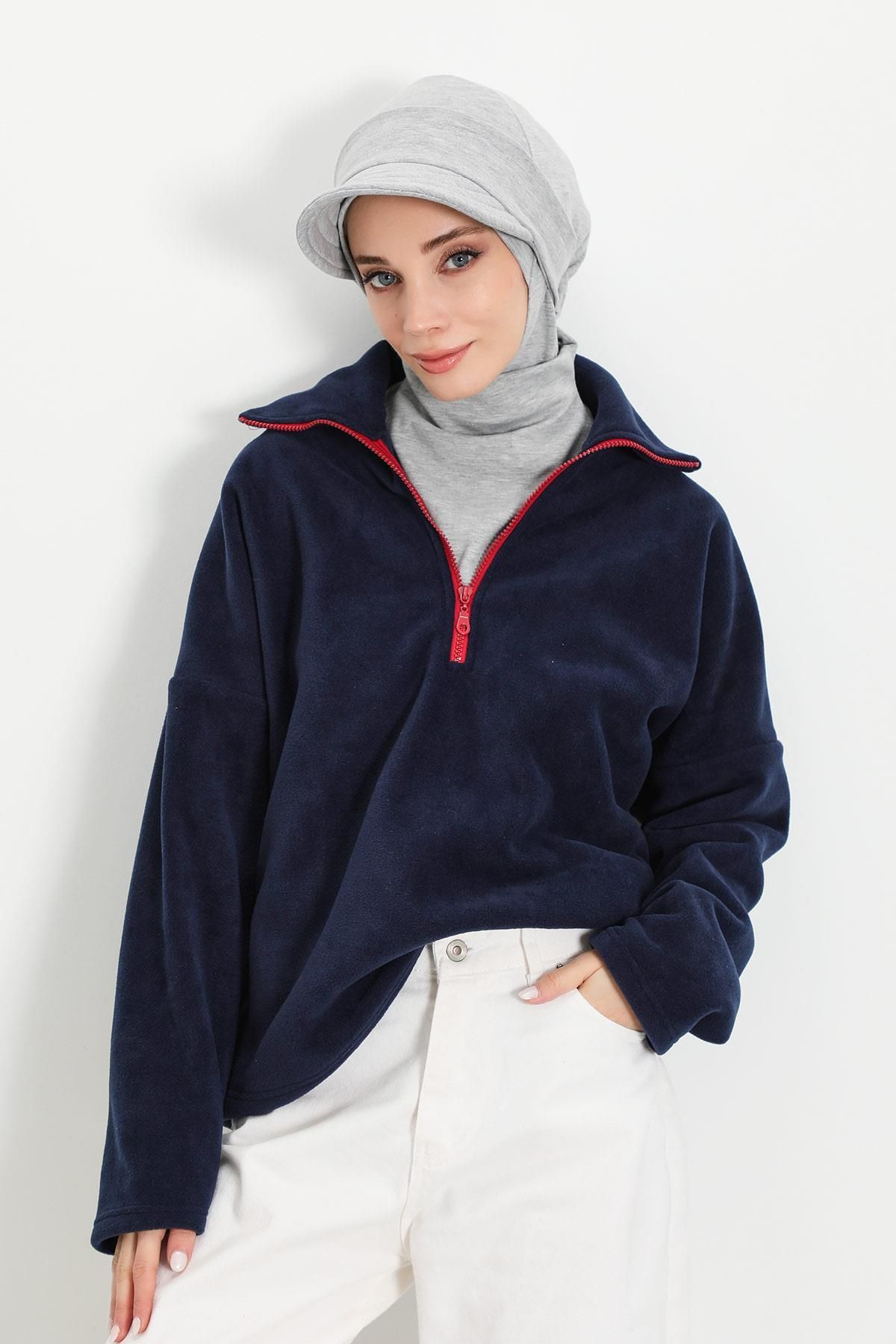 Aisha's Design-Women's Oversize Fleece Sweatshirt with Stand Collar, Half Zipper, Sw-5 1