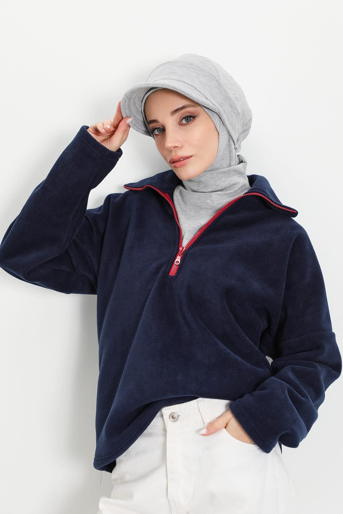 Aisha's Design-Women's Oversize Fleece Sweatshirt with Stand Collar, Half Zipper, Sw-5 8