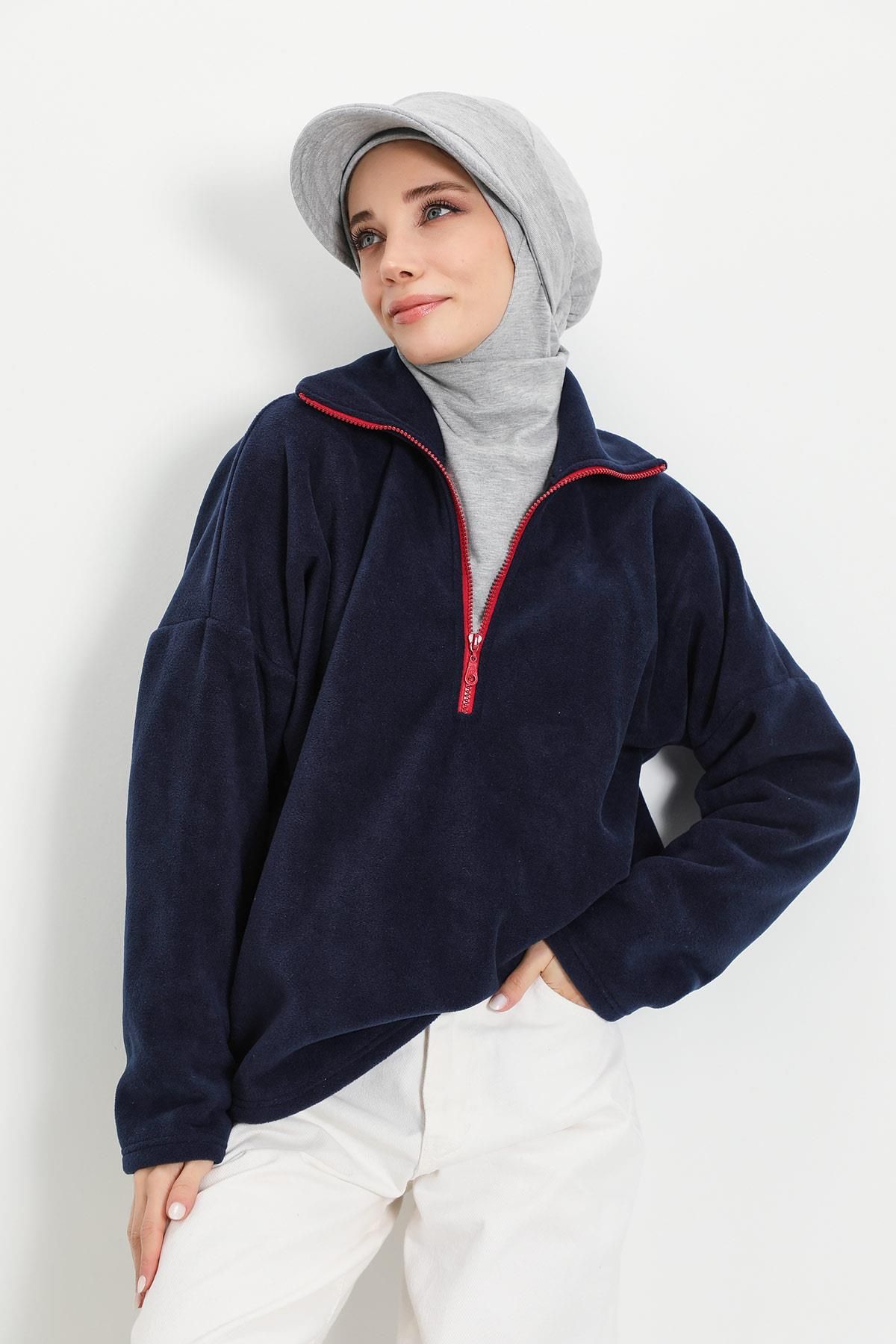 Aisha's Design-Women's Oversize Fleece Sweatshirt with Stand Collar, Half Zipper, Sw-5 6