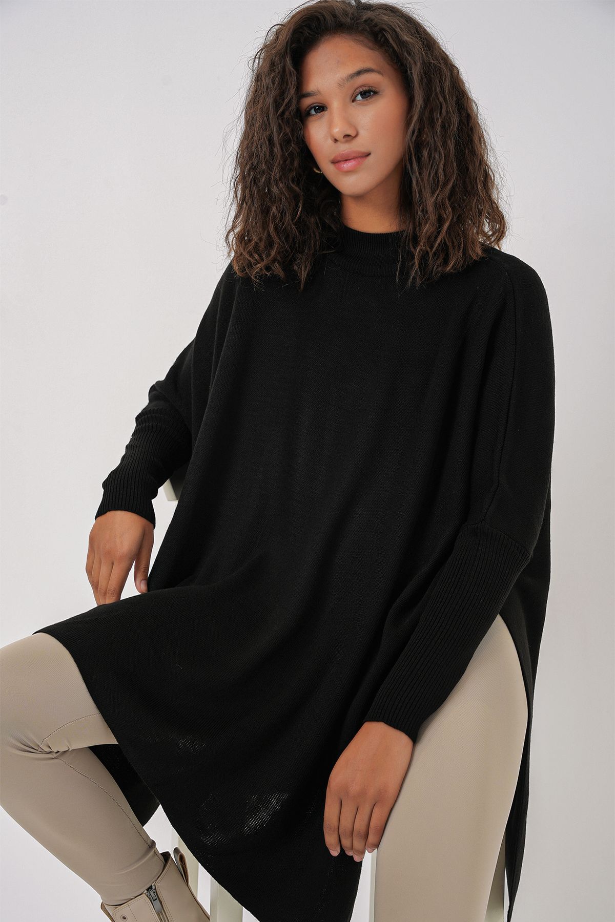 Bigdart-15783 Slit Poncho Sweater - Black 3