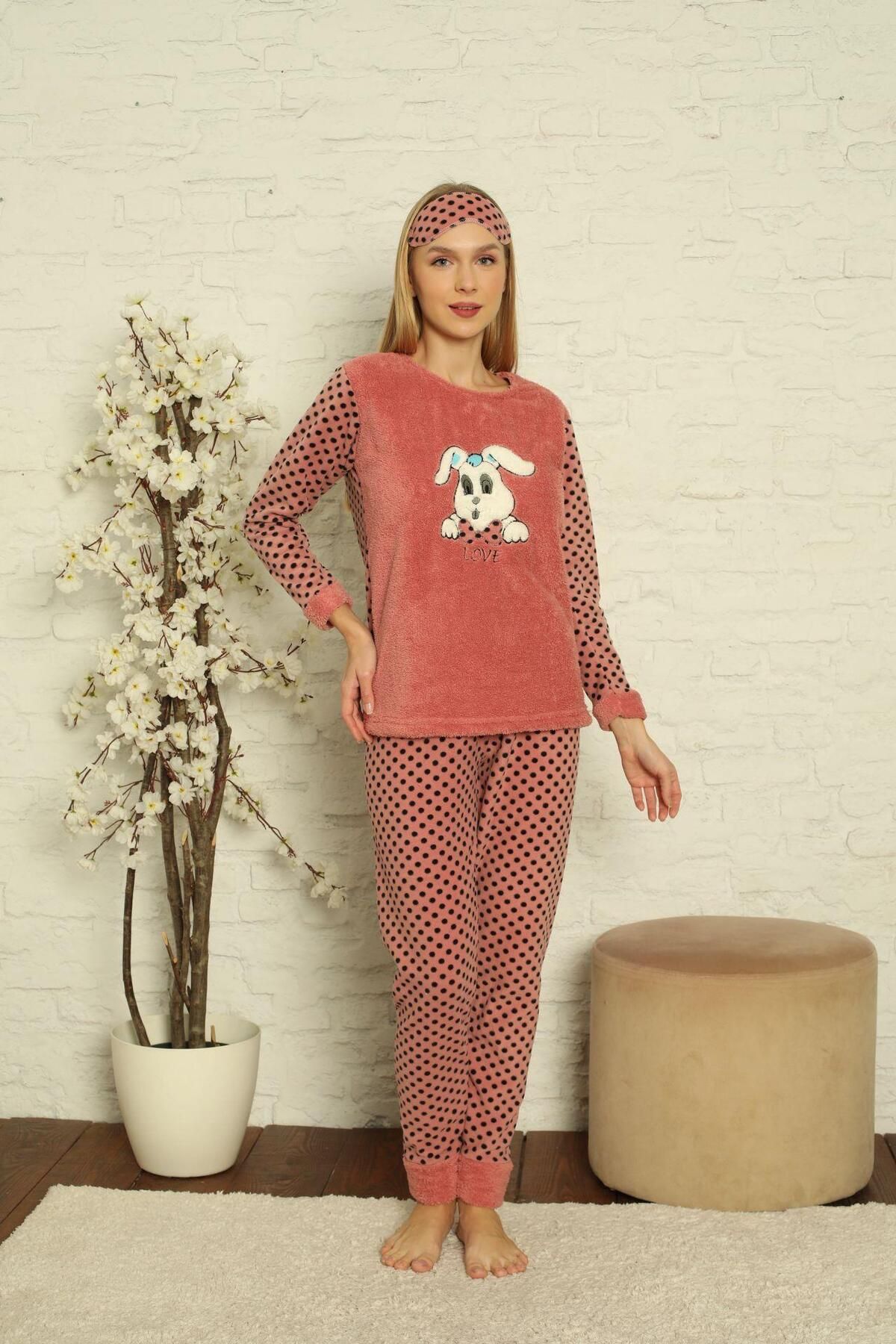 Akasya-Women's Winter Pajamas Set - Long Sleeve, Fleece Top, Bottom 02127 1