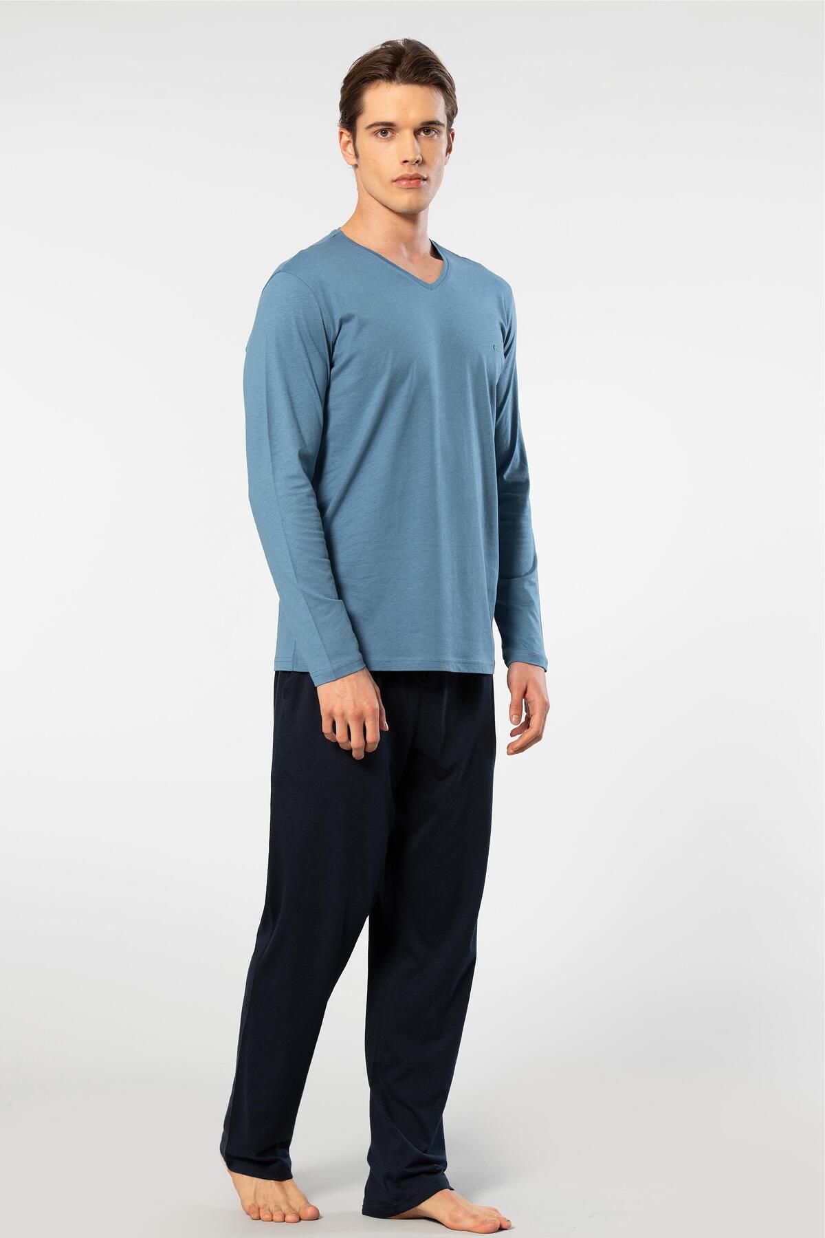 Cacharel-Men's V-Neck Long Sleeve Pajamas Set - 50% Modal and 50% Cotton with Bottom Sleepwear Pockets 2