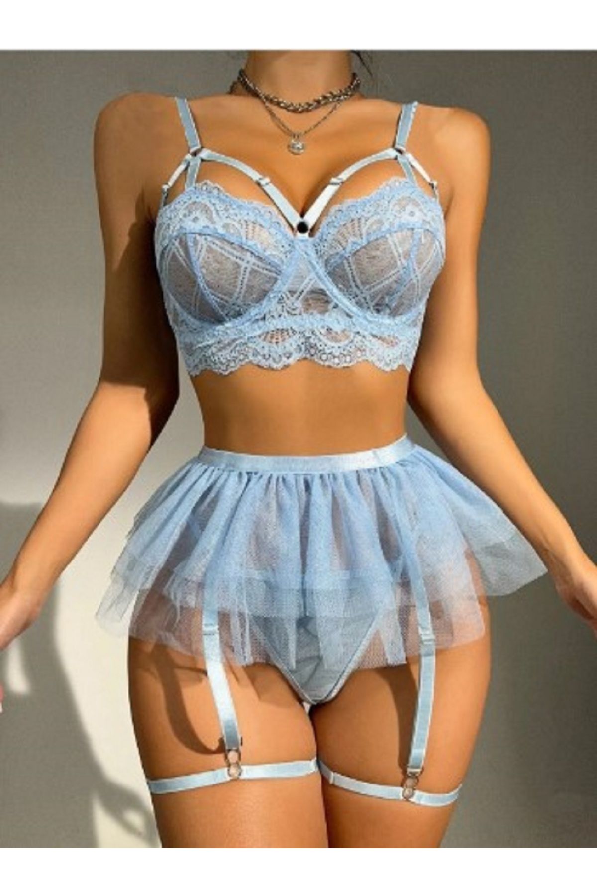 GİYİMX-Women's Blue Chest Rope Detailed Bralet Skirt Fancy Underwear Set 1