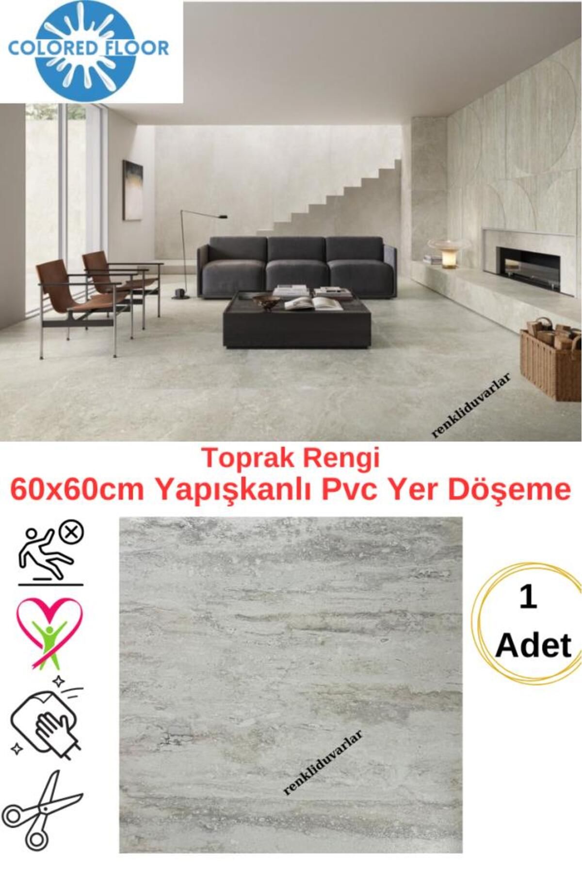 Renkli Duvarlar Yapışkanlı Floor Pvc Panel Yer Zemin Kaplama Paneli Arkası Kauçuklu 60X60cm 1 Adet 607