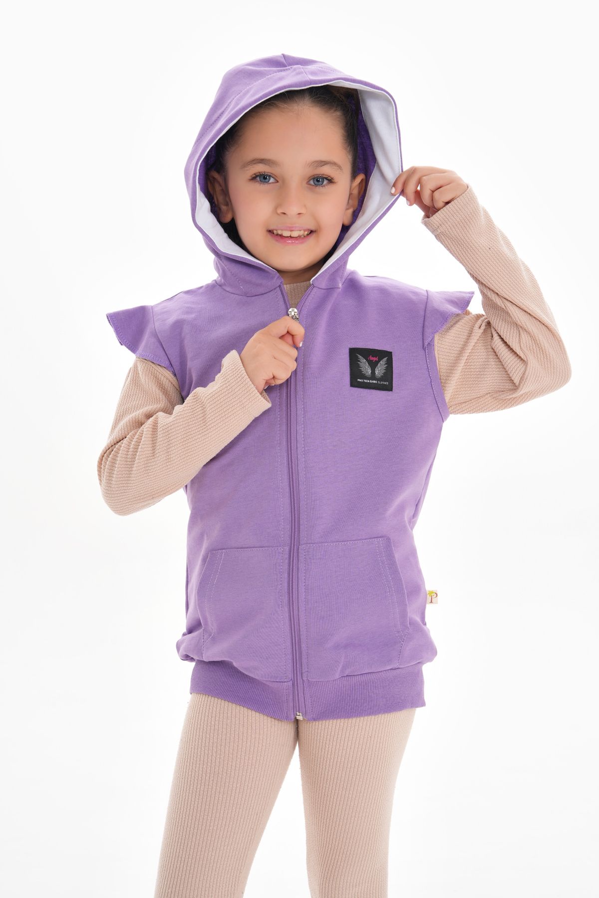 ROBA KIDS-Girls, Cotton 2-Thread, Accessory Detail, Ruffle Sleeve, Kangaroo Pocket, Hooded Vest Rb-0090 4