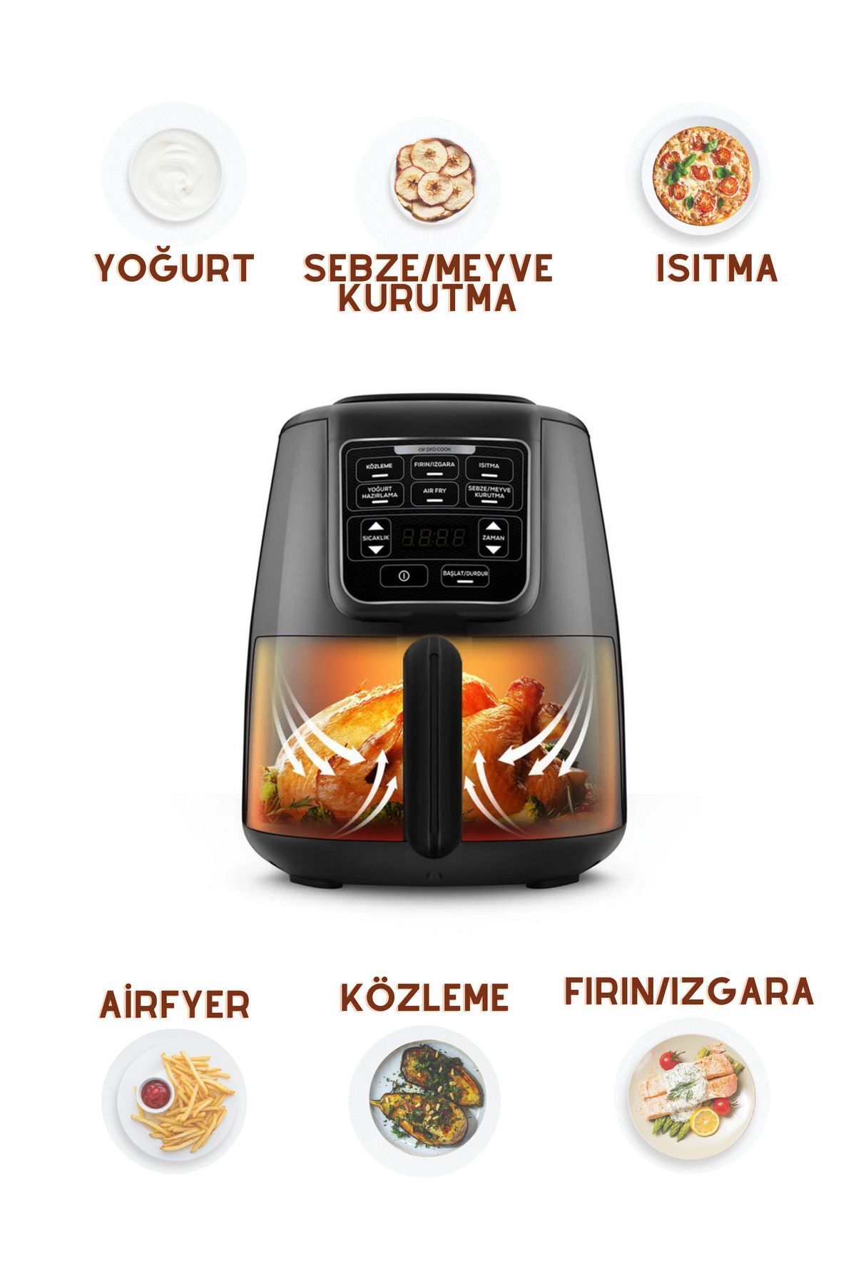 Karaca 2 in 1 XL 4 Kişilik Çok Amaçlı Airfryer Black 4 kişilik - Közleme, Fırın/Izgara, Isıtma, Ev Yoğurdu