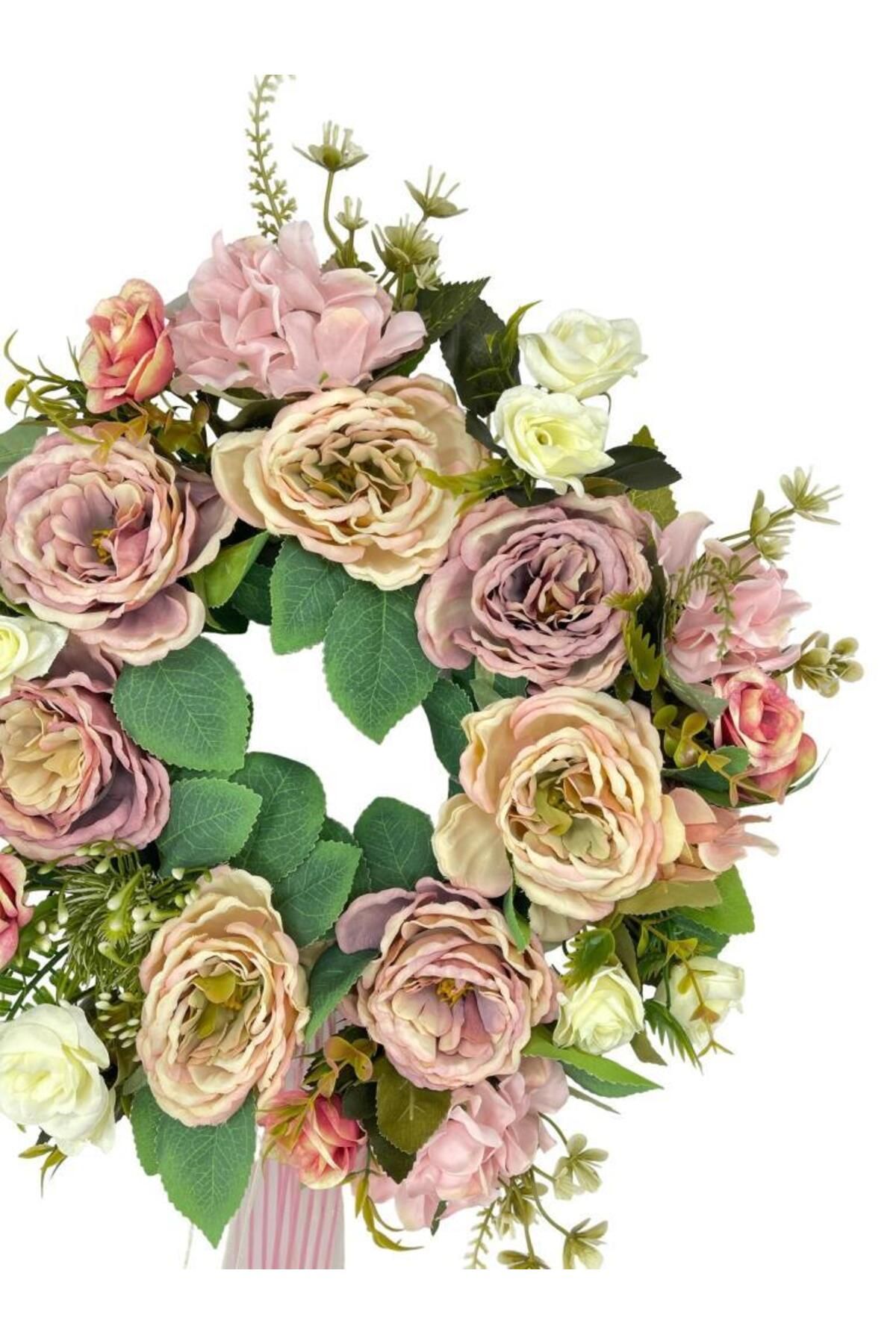 Nettenevime-Artificial Flower Door Ornament Pastel Pink Christmas Door Wreath with Peony Roses 5