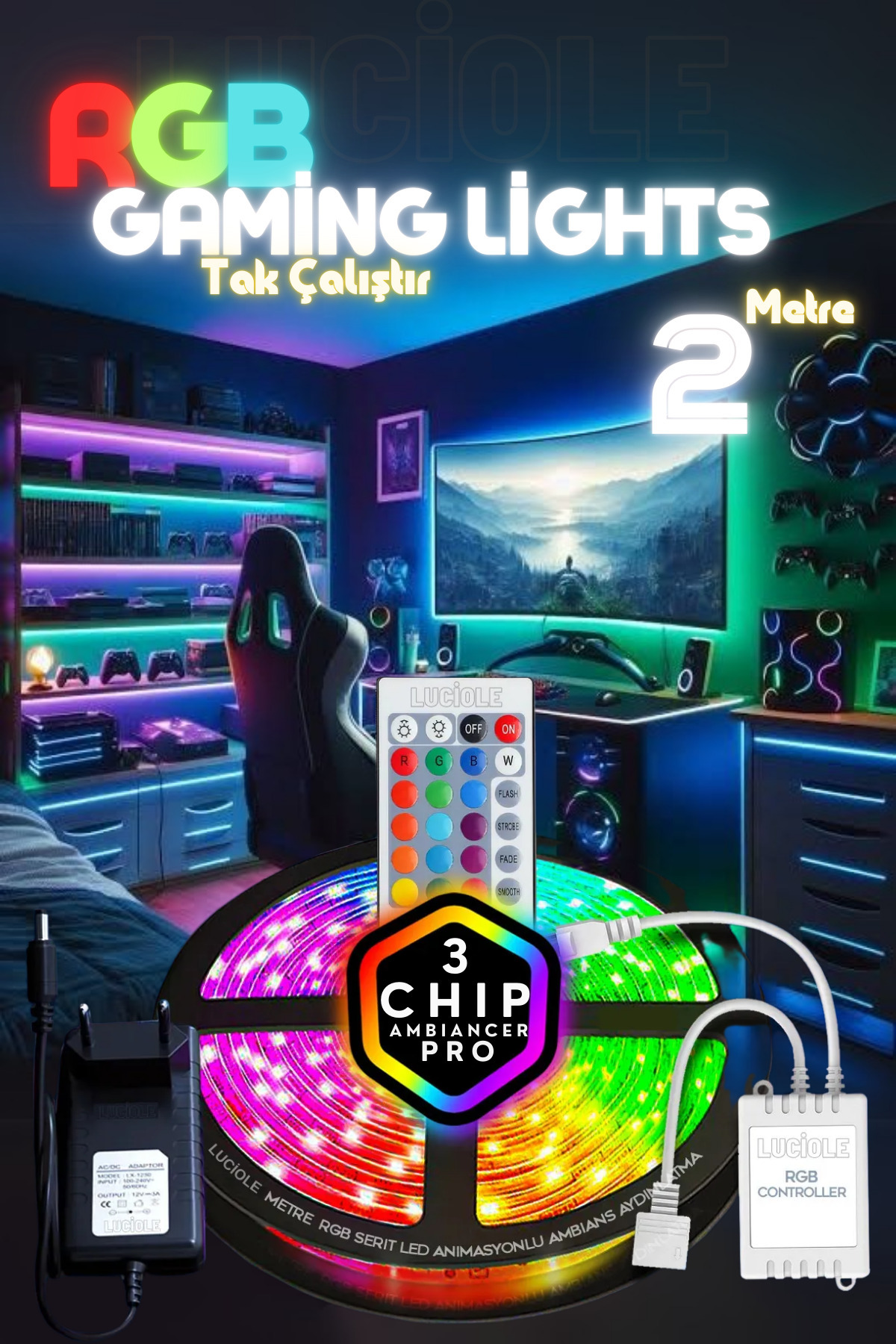luciole 5 Metre Oyuncu Bilgisayar Masası Rgb Şerit  Led Aydınlatma Sistemi Pro 3 Chip