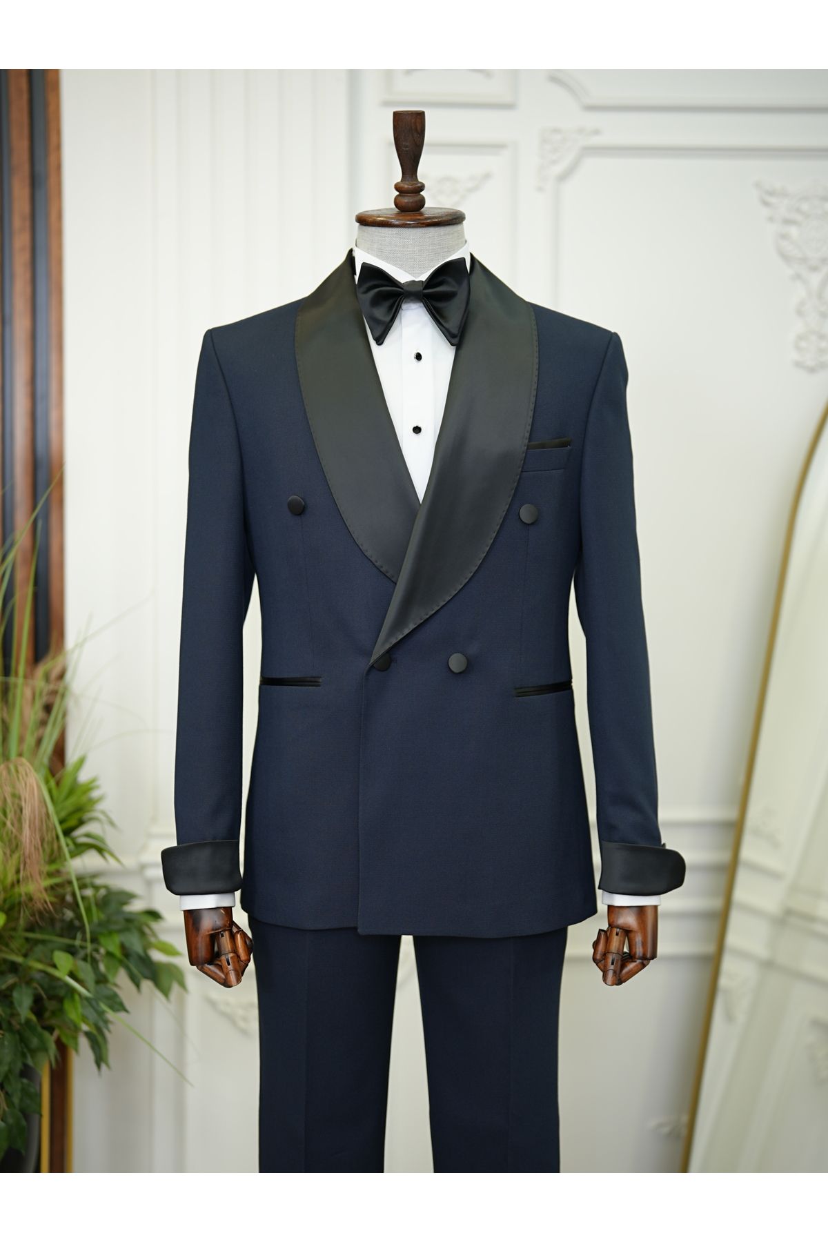 LONATOLİA Erkek Kruvaze Smokin Damatlık Manşet Kollu Şall Yaka İtalyan Stil Slim Fit Ceket Pantolon Papyon