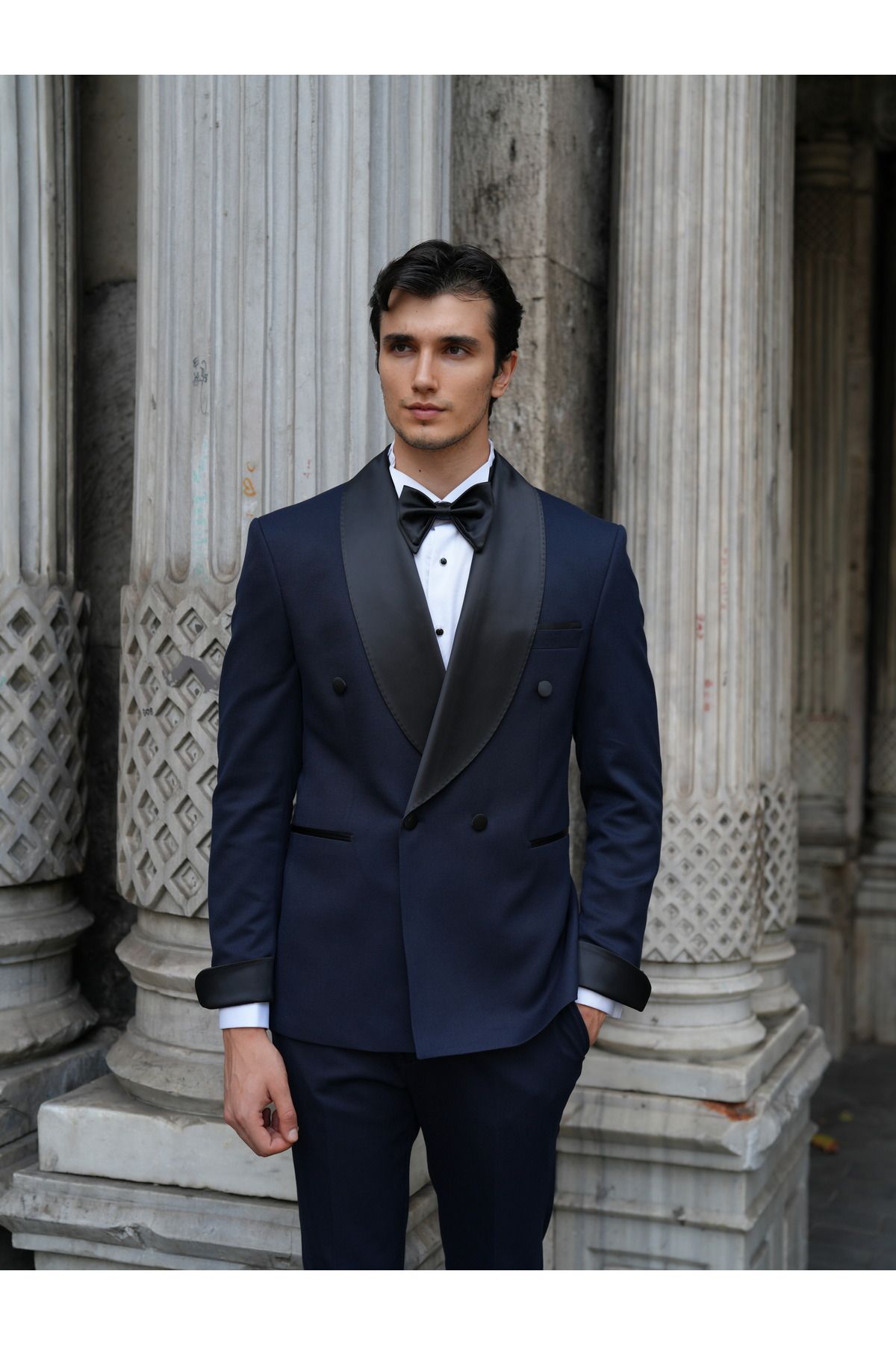 LONATOLİA Erkek Kruvaze Smokin Damatlık Manşet Kollu Şall Yaka İtalyan Stil Slim Fit Ceket Pantolon Papyon