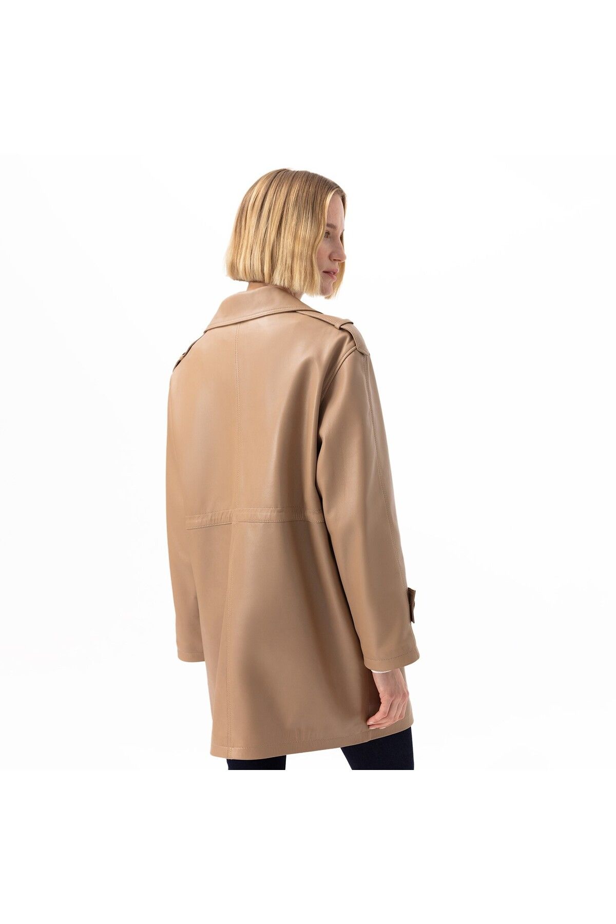 Desa-Carlynda Beige Women's Leather Oversize Top Coat 2