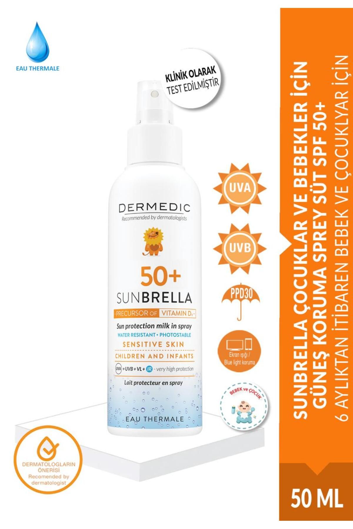 DERMEDIC SUNBRELLA ÇOCUKLAR VE BEBEKLER İÇİN GÜNEŞ KORUMA SPREY SÜT SPF 50+ 150 ML