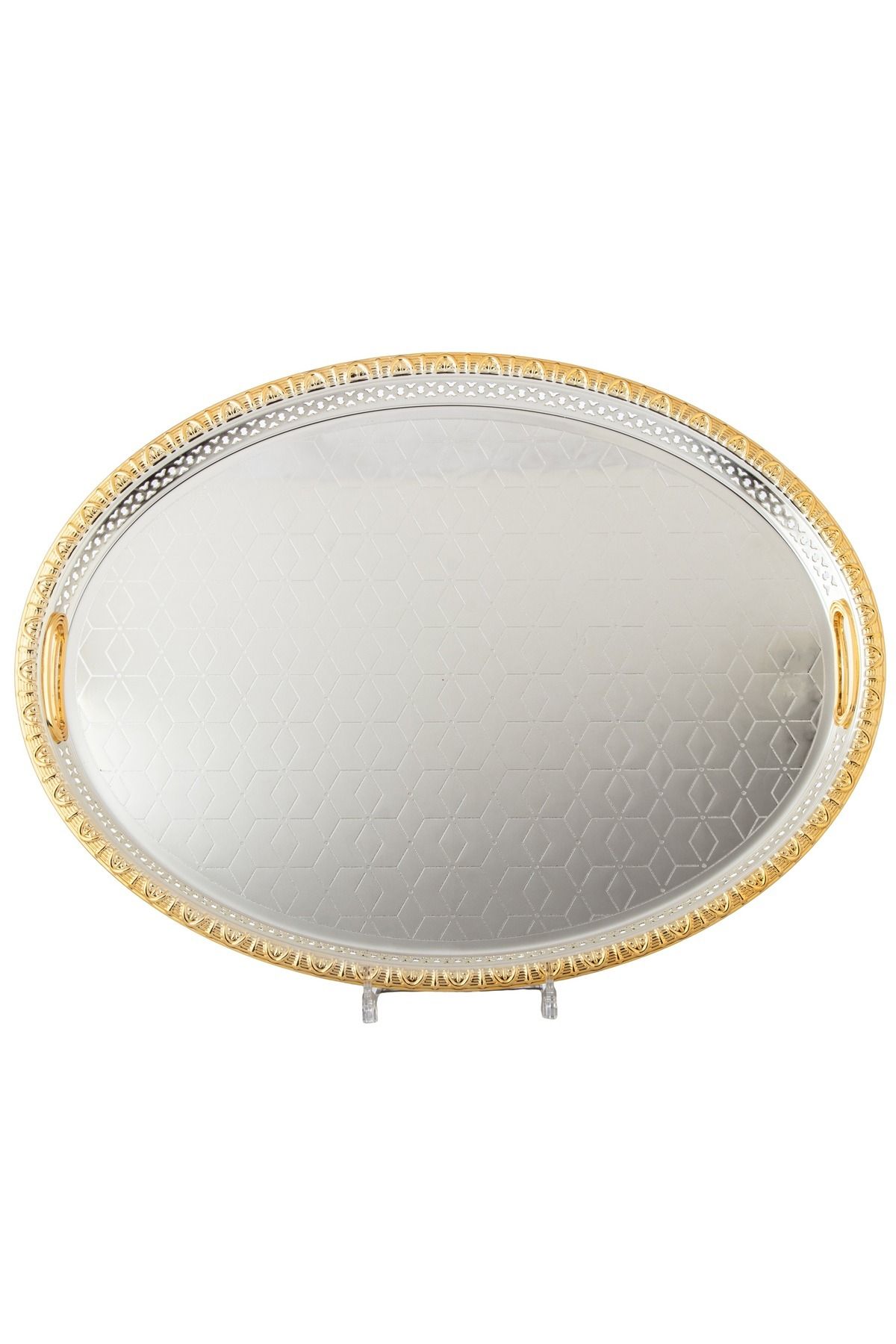 Bin Shihon-Silver Oval Tray With Golden Frame Inner Handles Made Of Metal And Stainless Lacquered 55x40 Cm 3