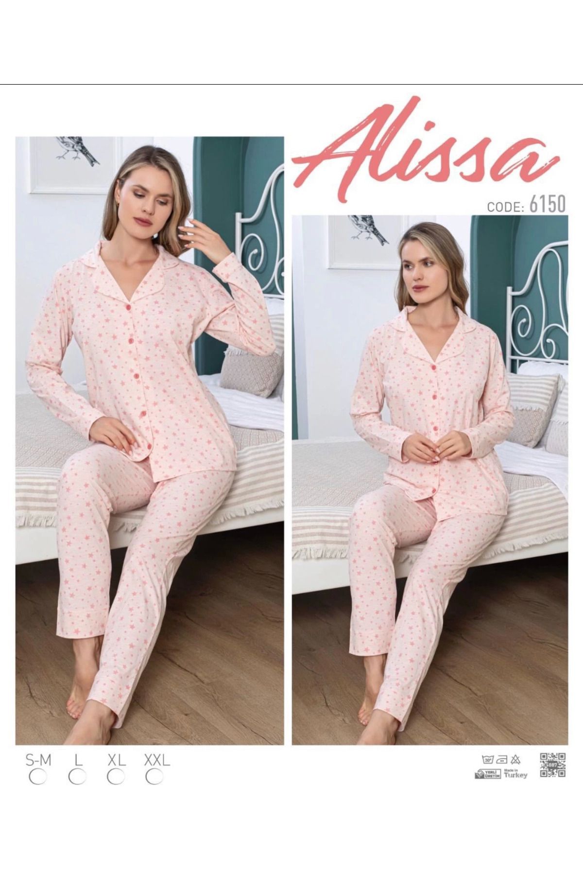 ZenWave BSMA Alissa 6150 Somon Yıldızlı Patlı Uzun Kol Pijama Takımı