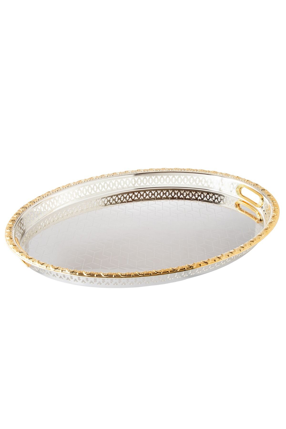 Bin Shihon-Silver Oval Tray With Golden Frame Inner Handles Made Of Metal And Stainless Lacquered 55x40 Cm 2