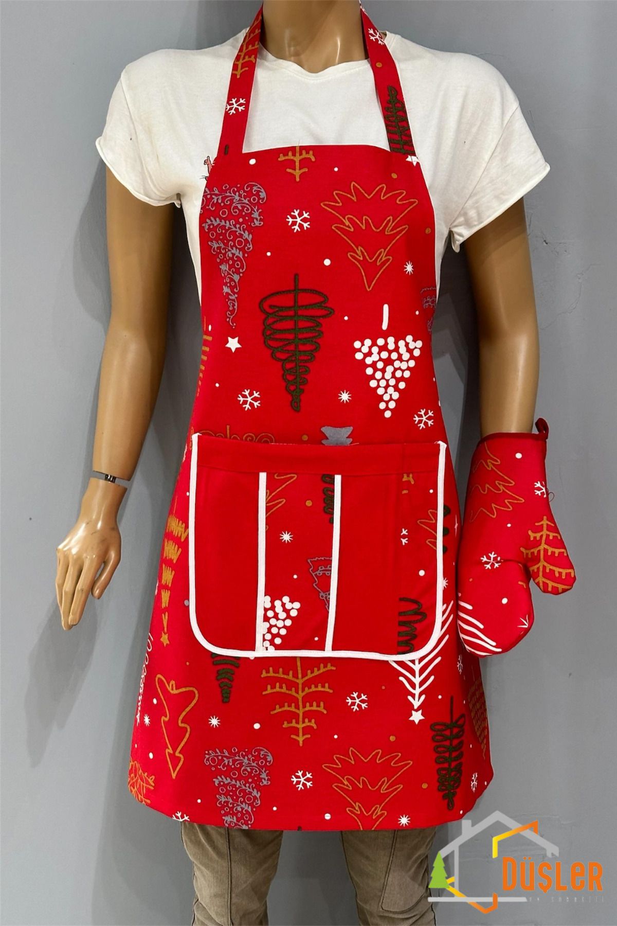 DÜŞLER EV TEKSTİLİ-Red Christmas Pine Patterned Kitchen Apron with Pockets 2