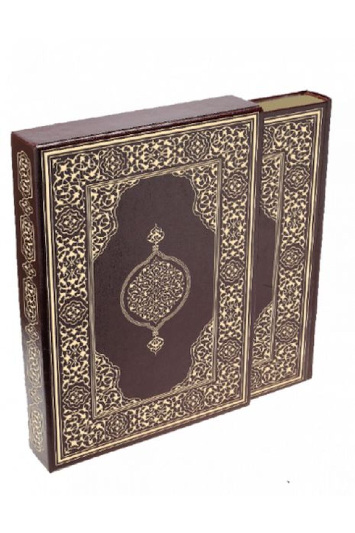 Damla Yayınevi Kur'an-ı Kerim - Orta Boy (Suni Deri Cilt Safir-Kabartmalı-Kenar Yaldızlı-Mahfazalı-Kahverengi)