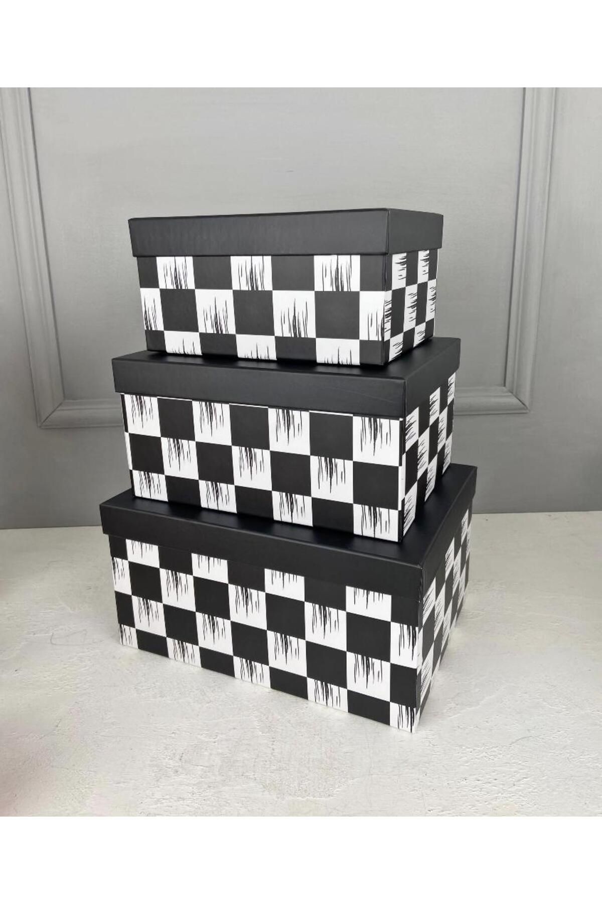 PEKİBU-Large 3-Piece Checkerboard Patterned Box Set 4