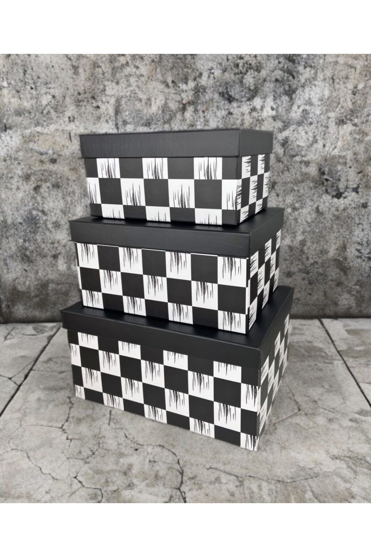 PEKİBU-Large 3-Piece Checkerboard Patterned Box Set 5