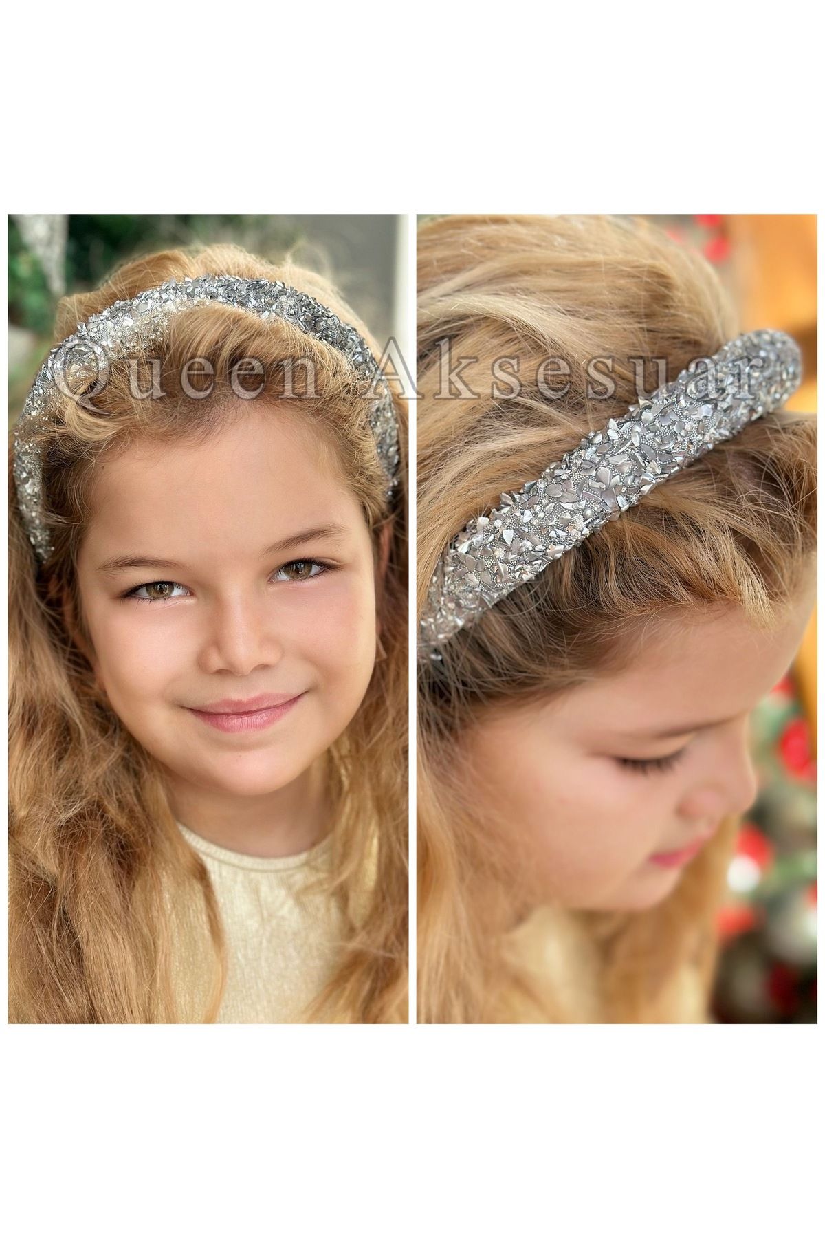 Queen Nelly-Luxury Mother of Pearl Stone Fancy Crown Female Child Special Occasion Crown with Bombed Sponge Silver Gray Color 1