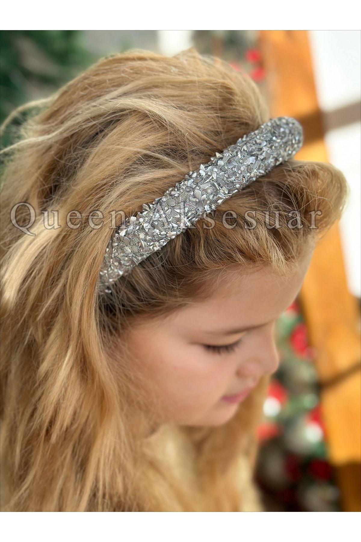 Queen Nelly-Luxury Mother of Pearl Stone Fancy Crown Female Child Special Occasion Crown with Bombed Sponge Silver Gray Color 2