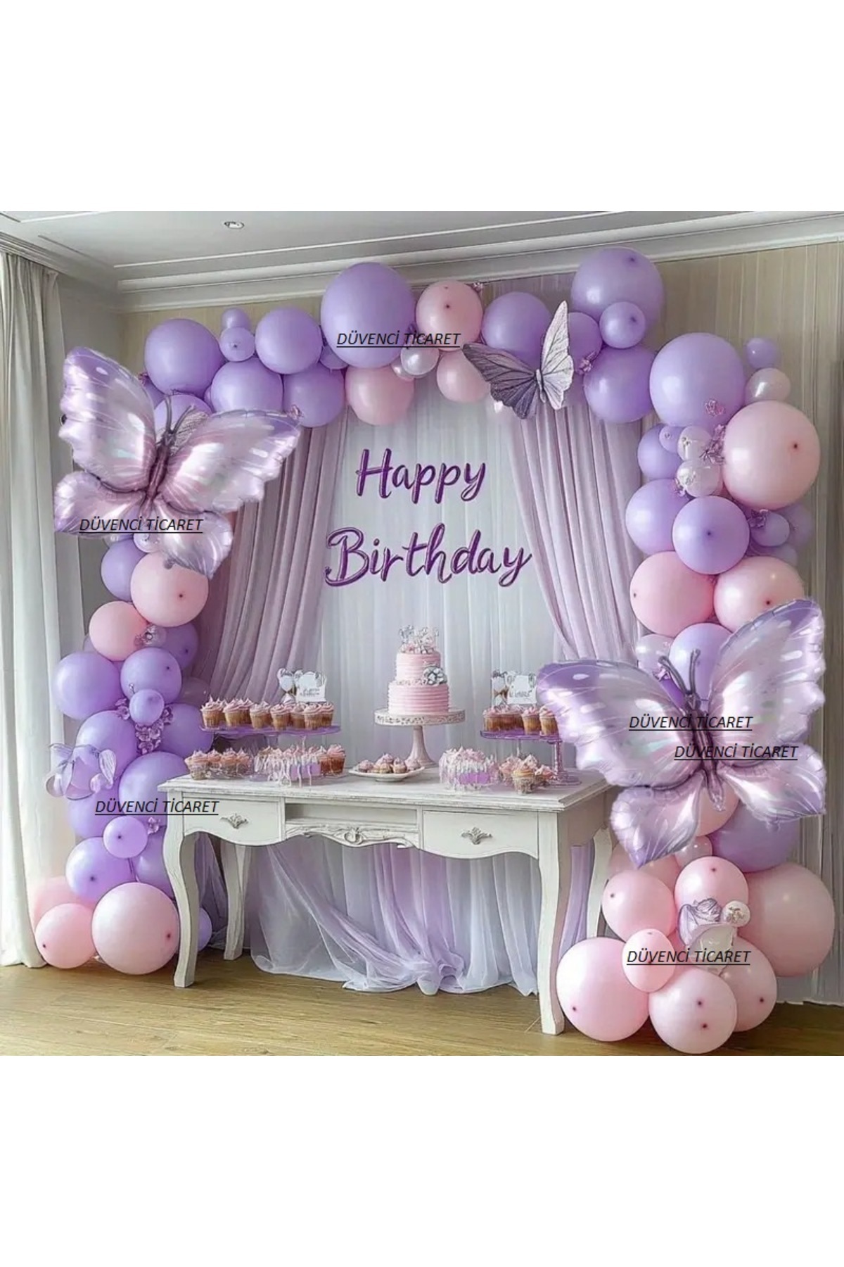 DÜVENCİ TİCARET MAKARON LİLA PEMBE KELEBEK FOLYO BALONLU BALON ZİNCİR SET