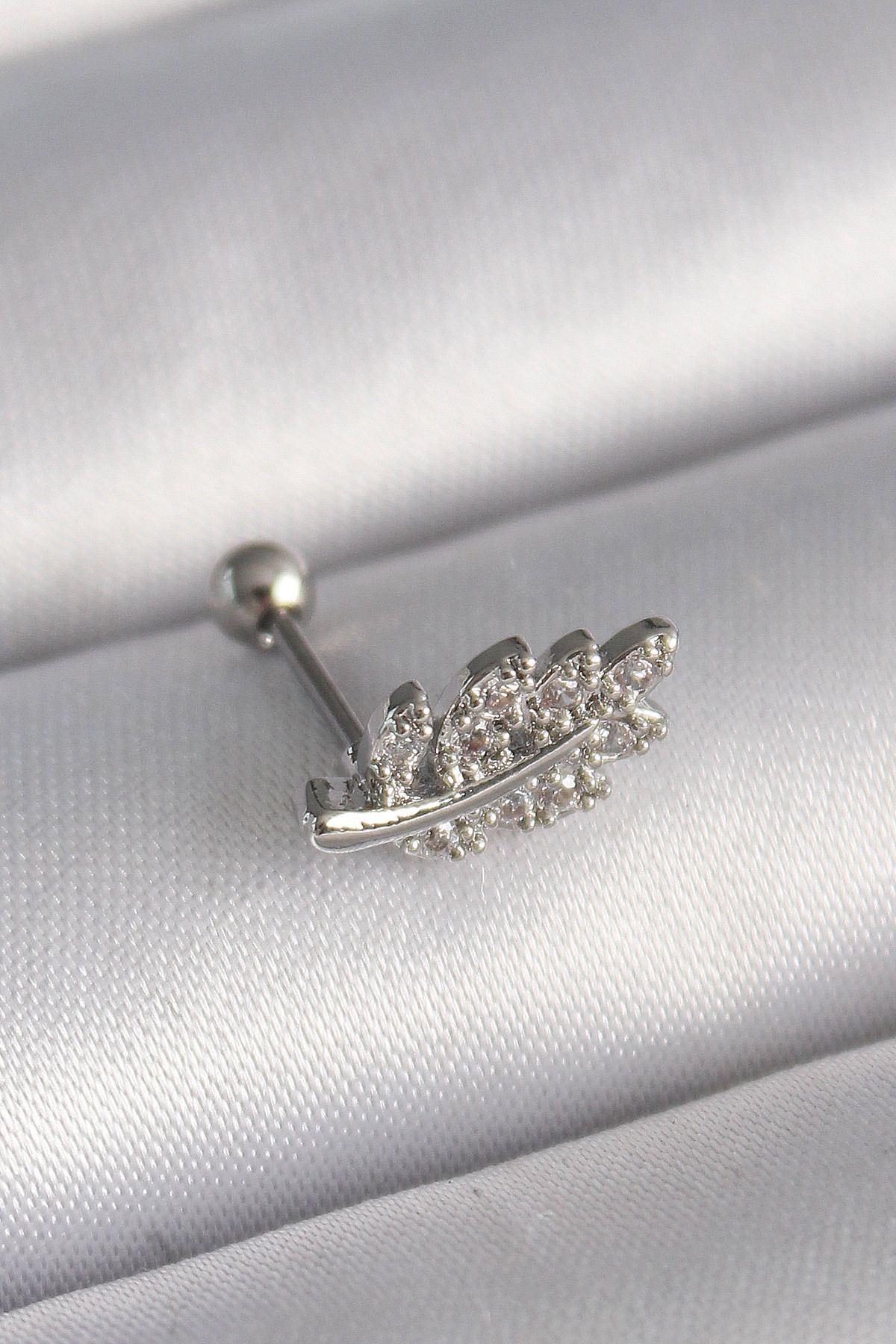 DENİZBİLİŞİM 316L Çelik Gümüş Renk Zirkon Taşlı Dal Tragus Piercing - Tj-Pr1259