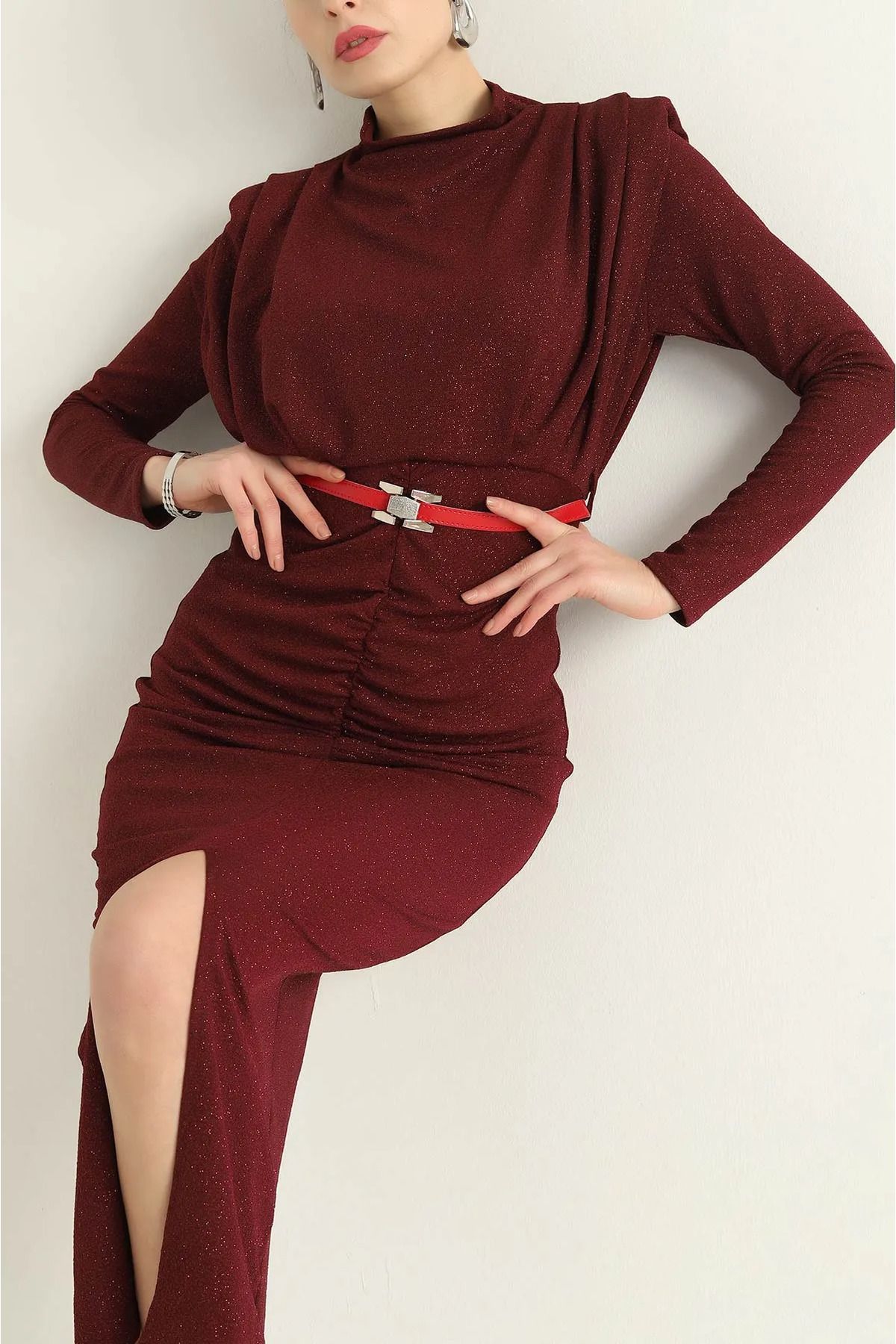 vuvutasarım-New Season Burgundy Lined Belted Glitter Fabric Evening Dress 4