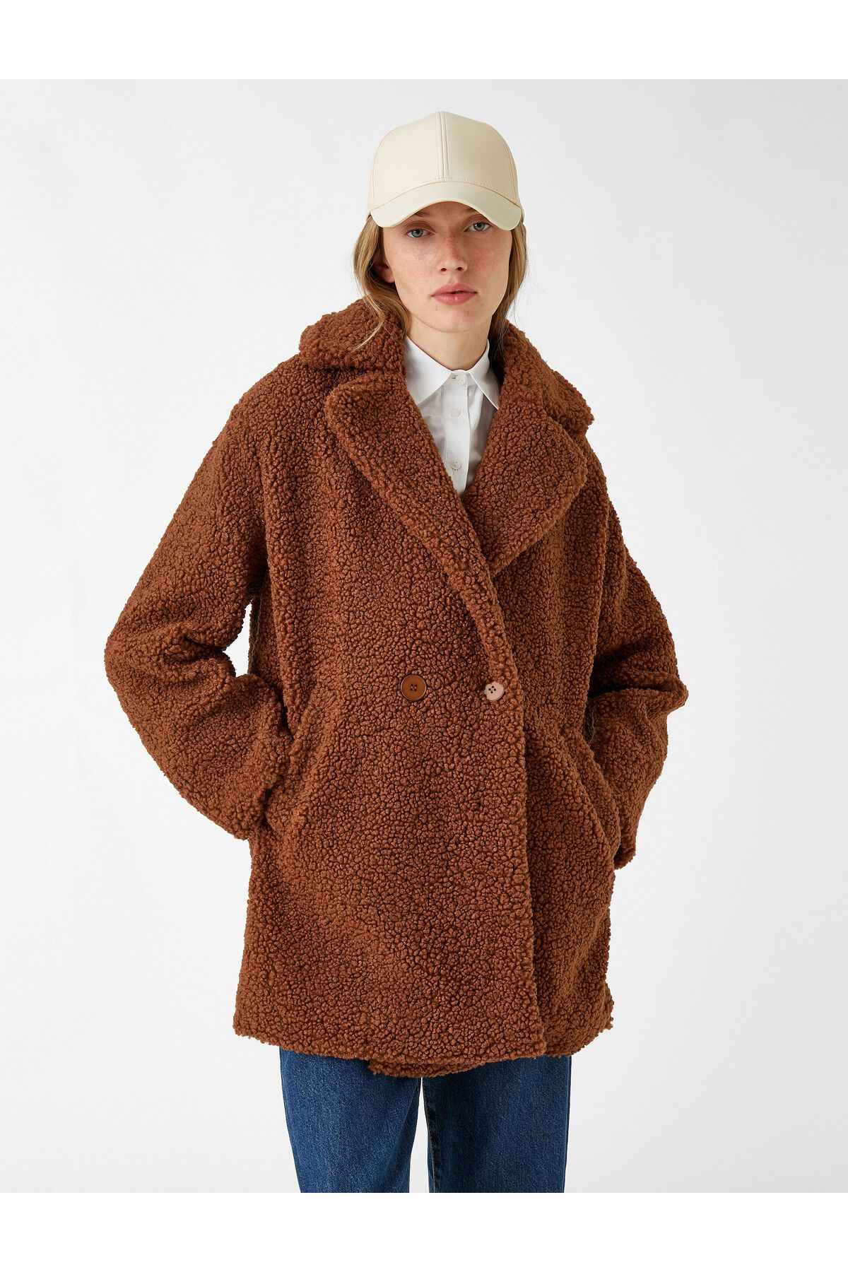 Koton-Plush Double Breasted Coat with Double Button Pockets 3
