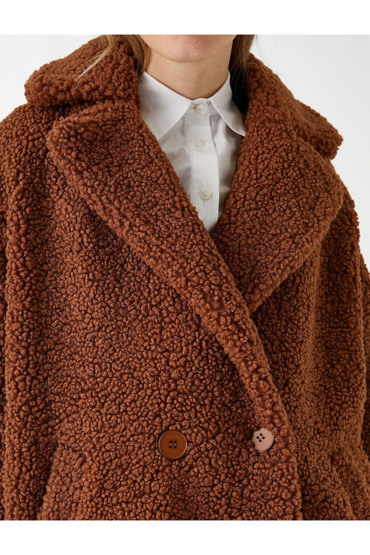 Koton-Plush Double Breasted Coat with Double Button Pockets 5