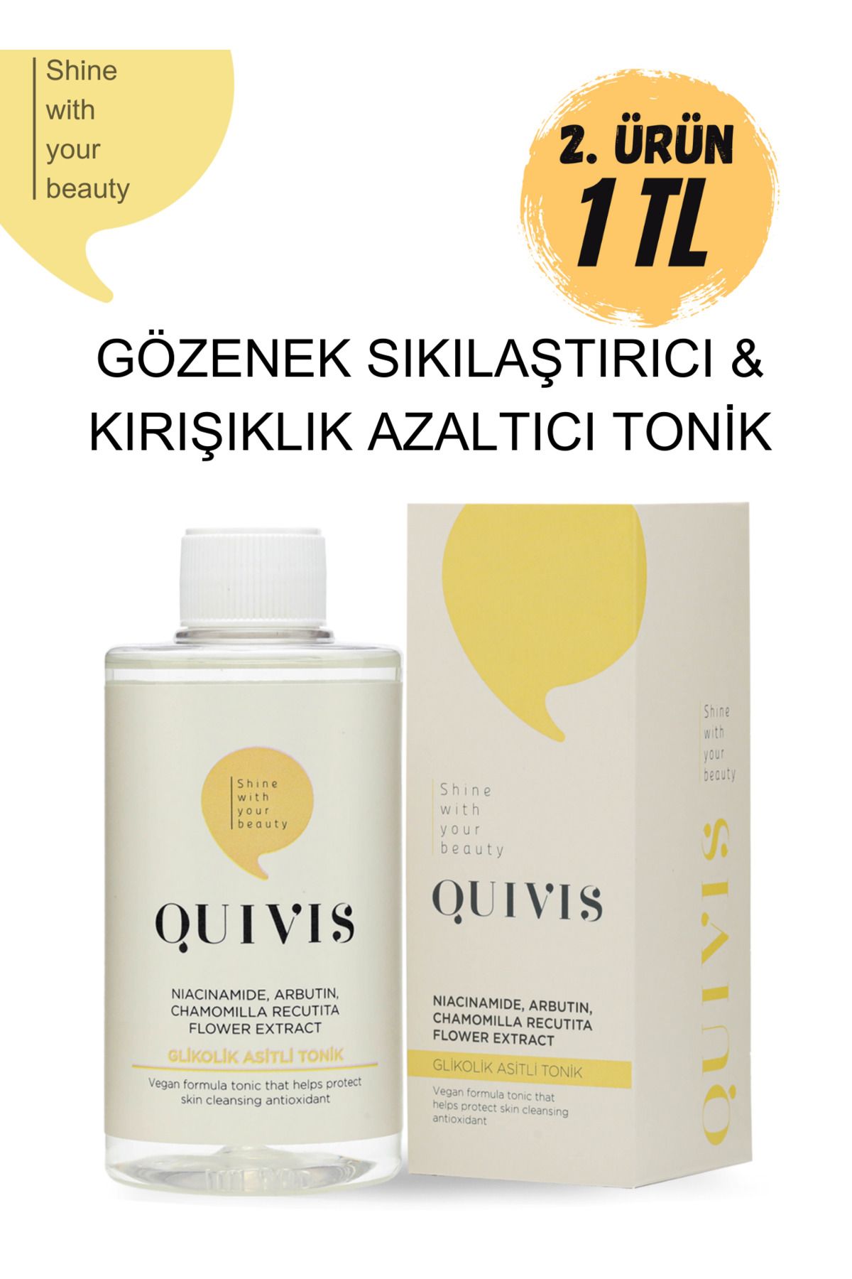 Quivis Gözenek Sıkılaştırıcı ve Aydınlatıcı Etkili Kırışıklık Karşıtı Beyazlatıcı GlikolikAsit Tonik 200 ML