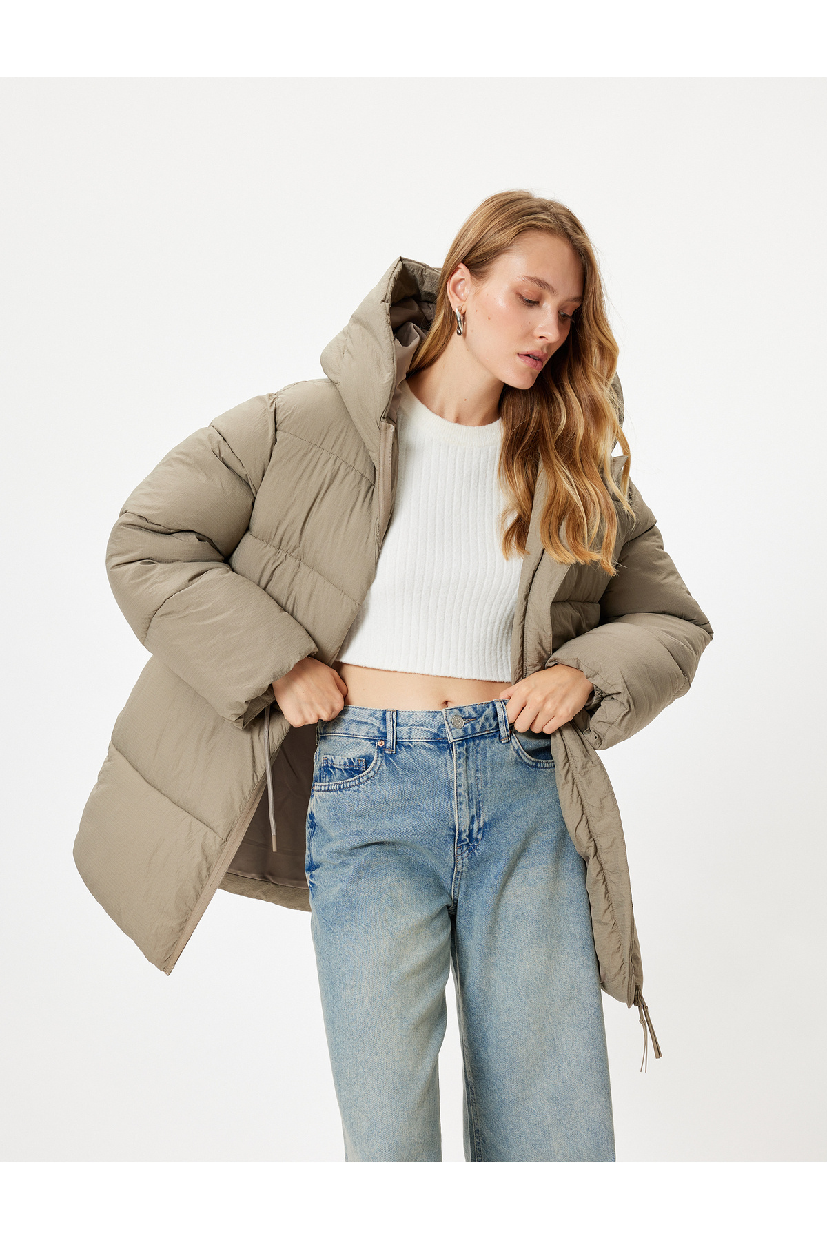 Koton  Kapşonlu Şişme Mont Oversize Cepli Fermuarlı - Görsel 2