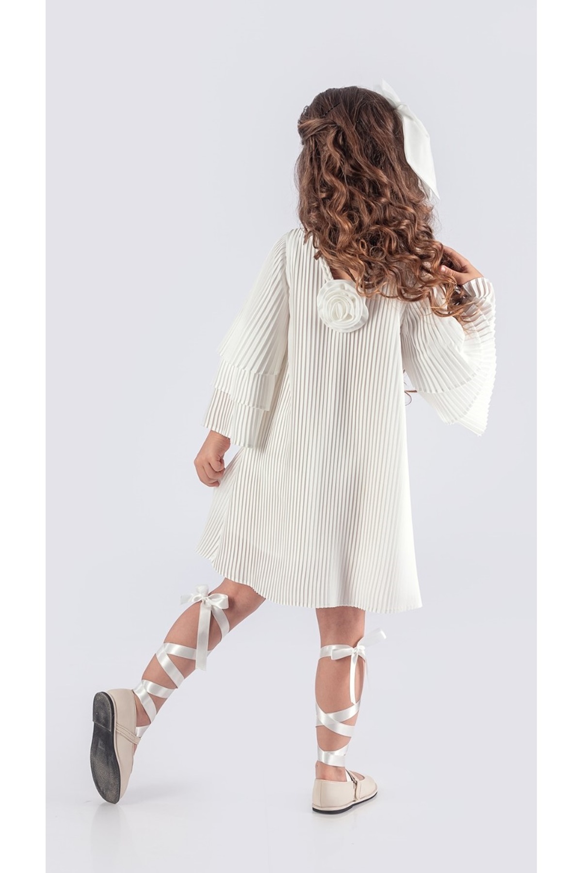 Mnk Baby&Kids Kız Çocuk Krep Plise Elbise MNK0595 BEYAZ fotoğrafı 5 (önizleme)