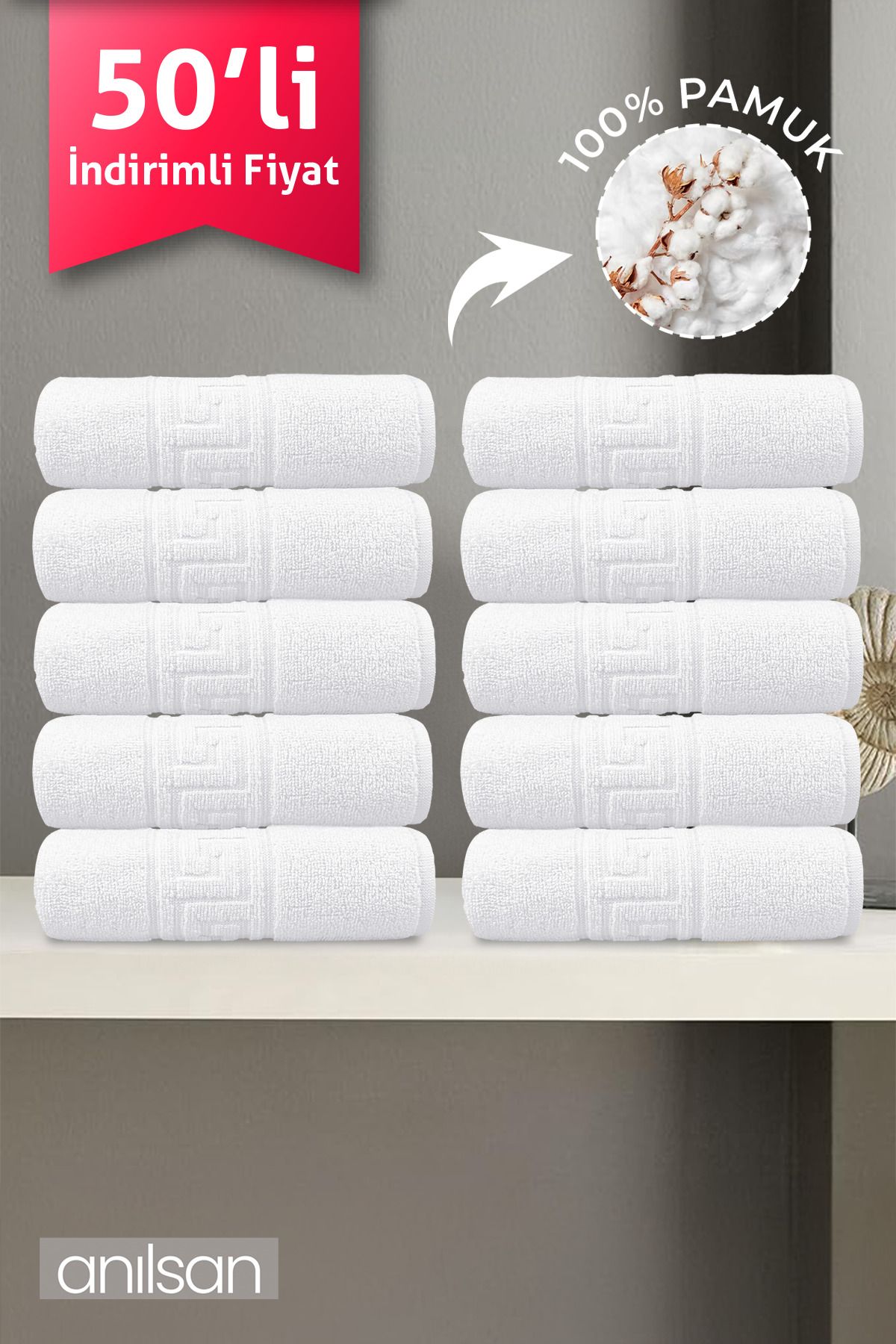 Anılsan-Pack of 50 Greek White Bath Towels - 70X140 Cm, 490 Gr, 100% Cotton, Spa and Hotel Towels (50 Pieces) 1