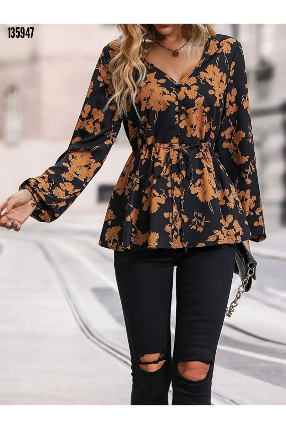 Modayakamoz-Women's Floral Print Stylish Blouse with Lacing Detail on the Waist 2